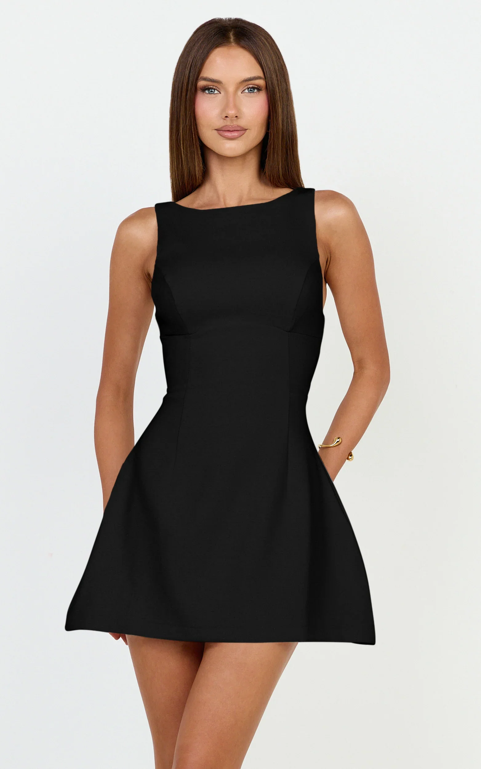 Boat Neck Fit and Flare Dress in Black