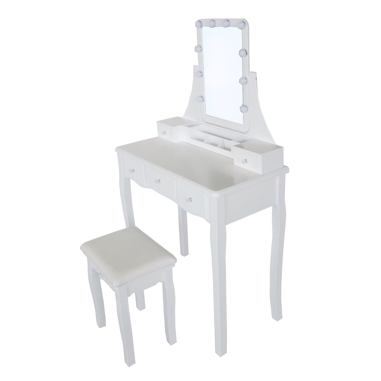 Lowest Prices - 32 Inch 2 Piece Vanity Desk Set with LED Lights, 5 Drawers, Cushioned Stool, White Solid Wood-Saltoro Sherpi - Amazon