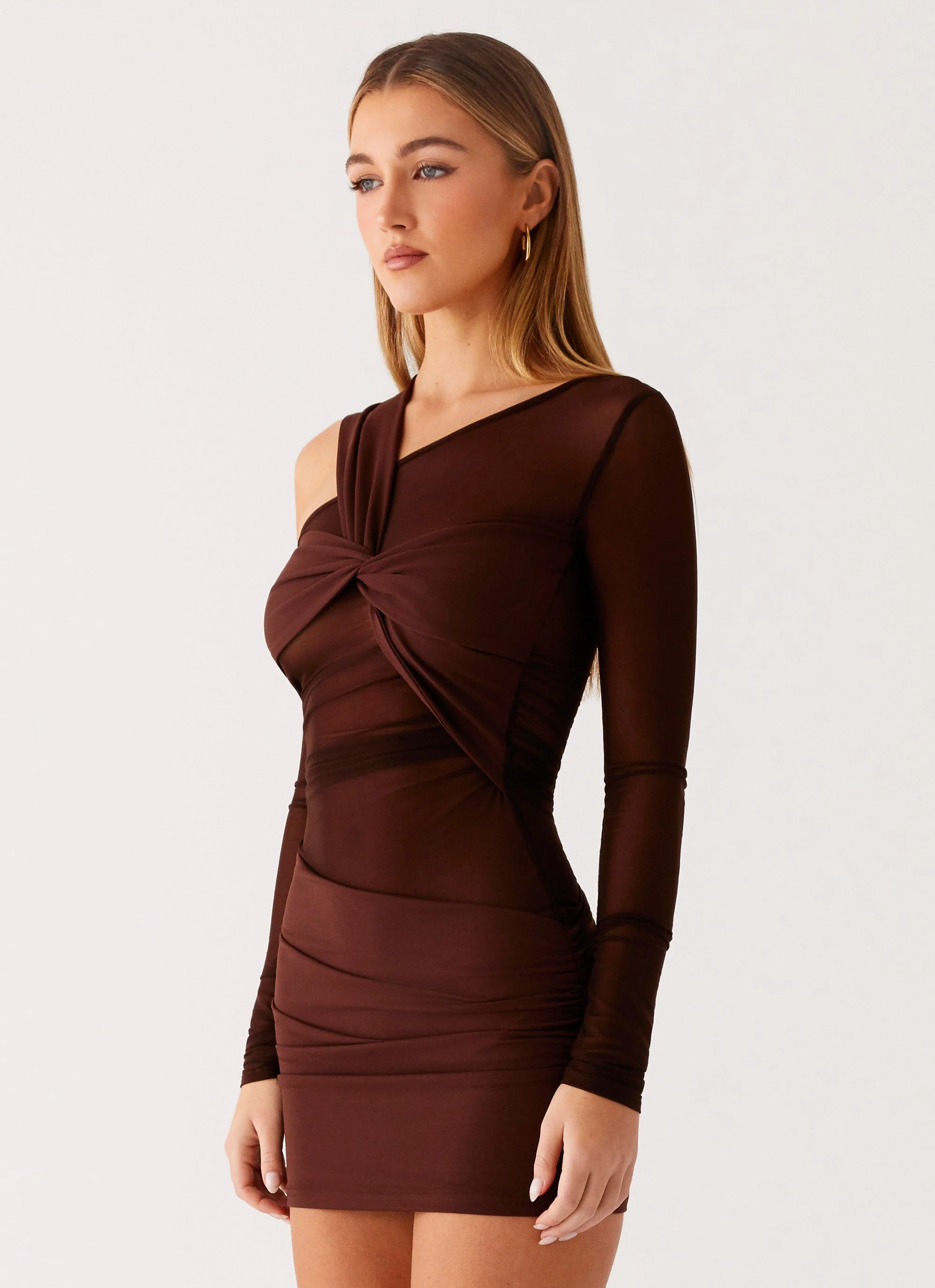 Ophelie Asymmetric Long Sleeve Mini Dress - Chocolate