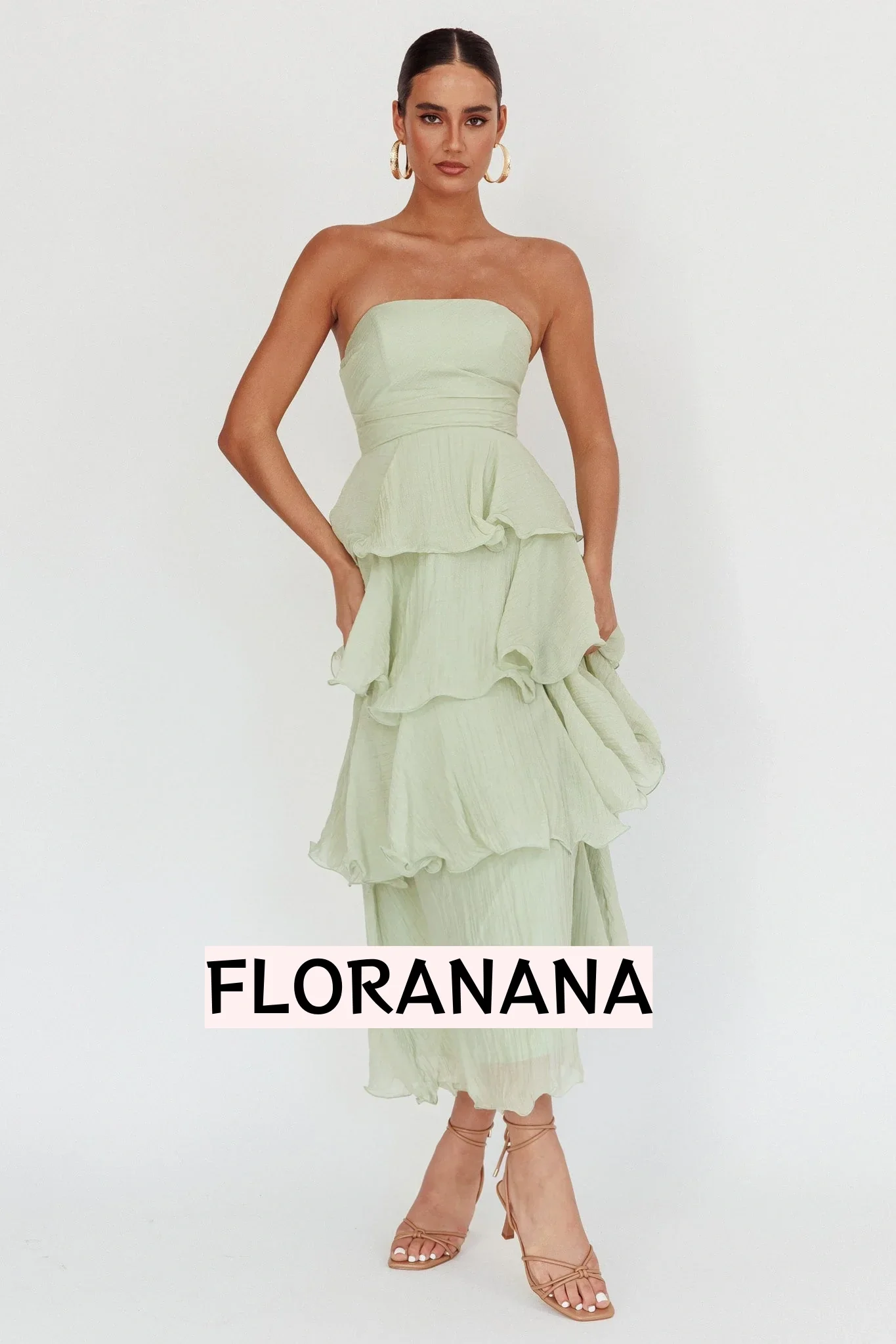 Giavana Strapless Layered Midi Dress Sage