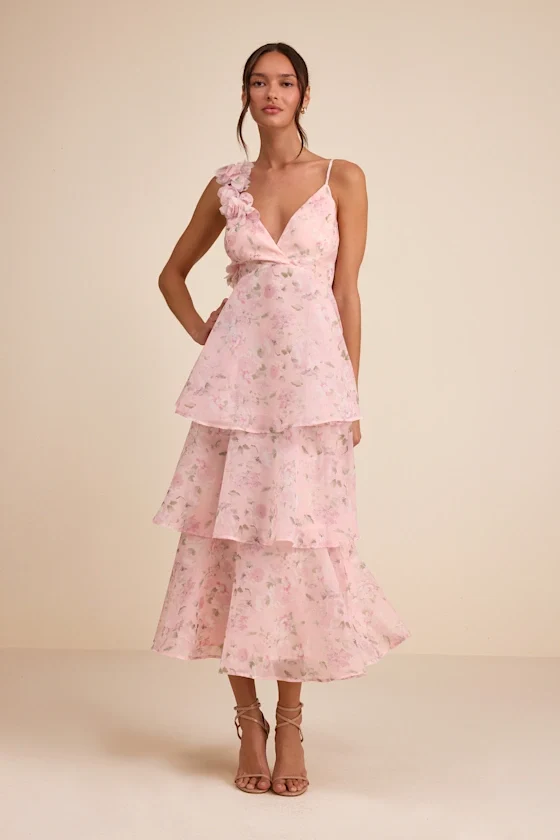 Daleyza Light Pink Floral Organza Tiered Midi Dress