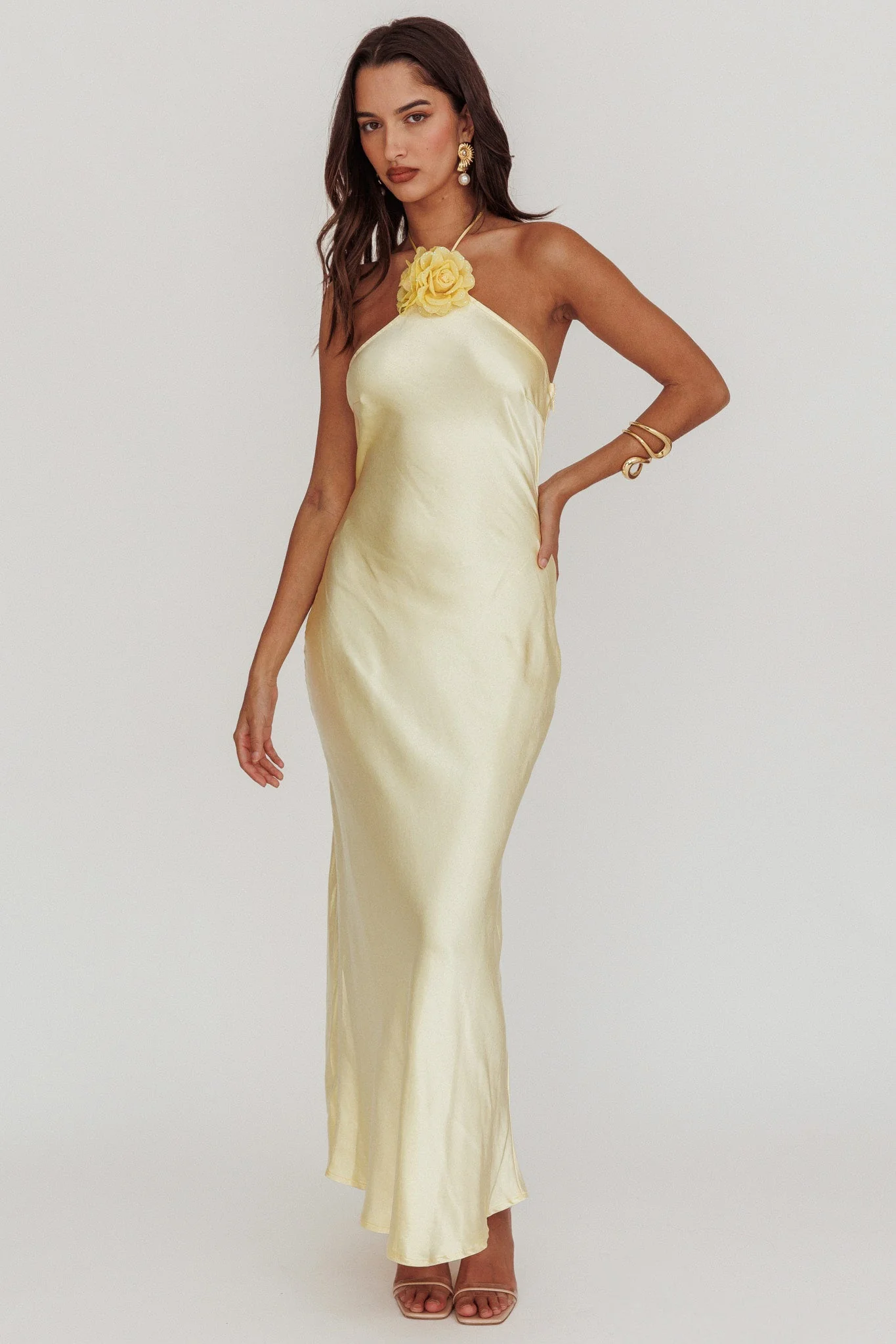 High Roller Flower Decoration Halter Dress Butter