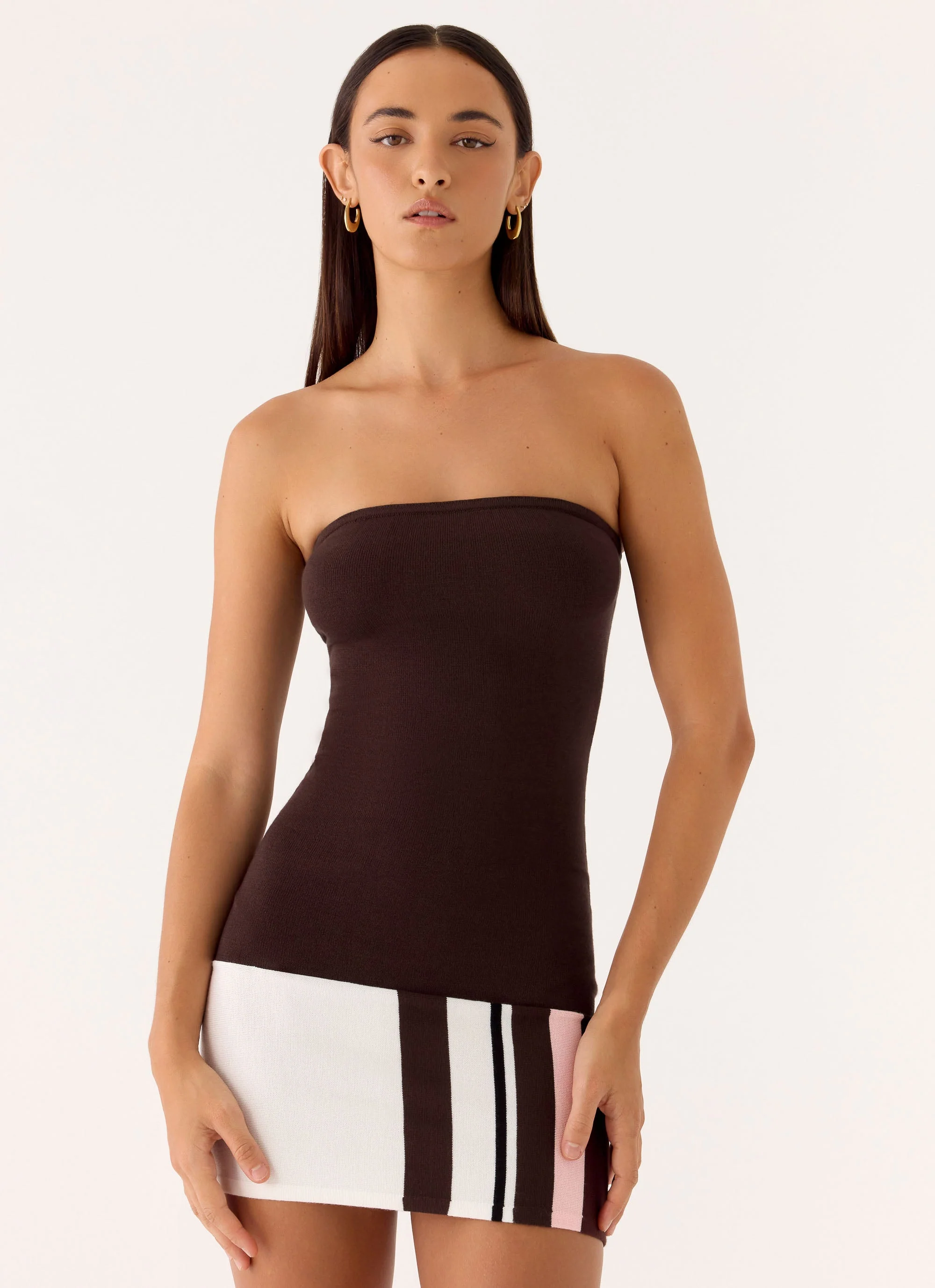 Straight Lines Knit Mini Dress - Chocolate