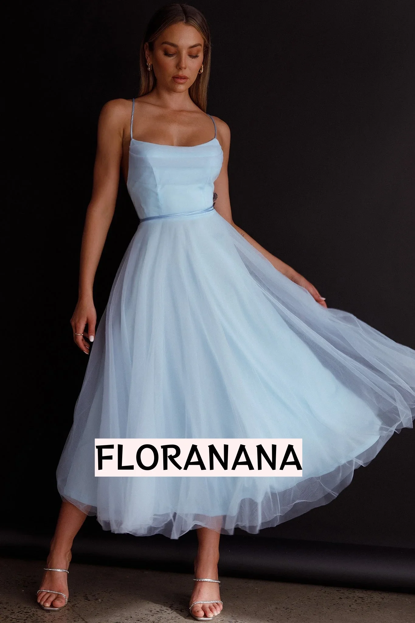 Floating By Pleated Neckline Mesh Midi Dress Blue