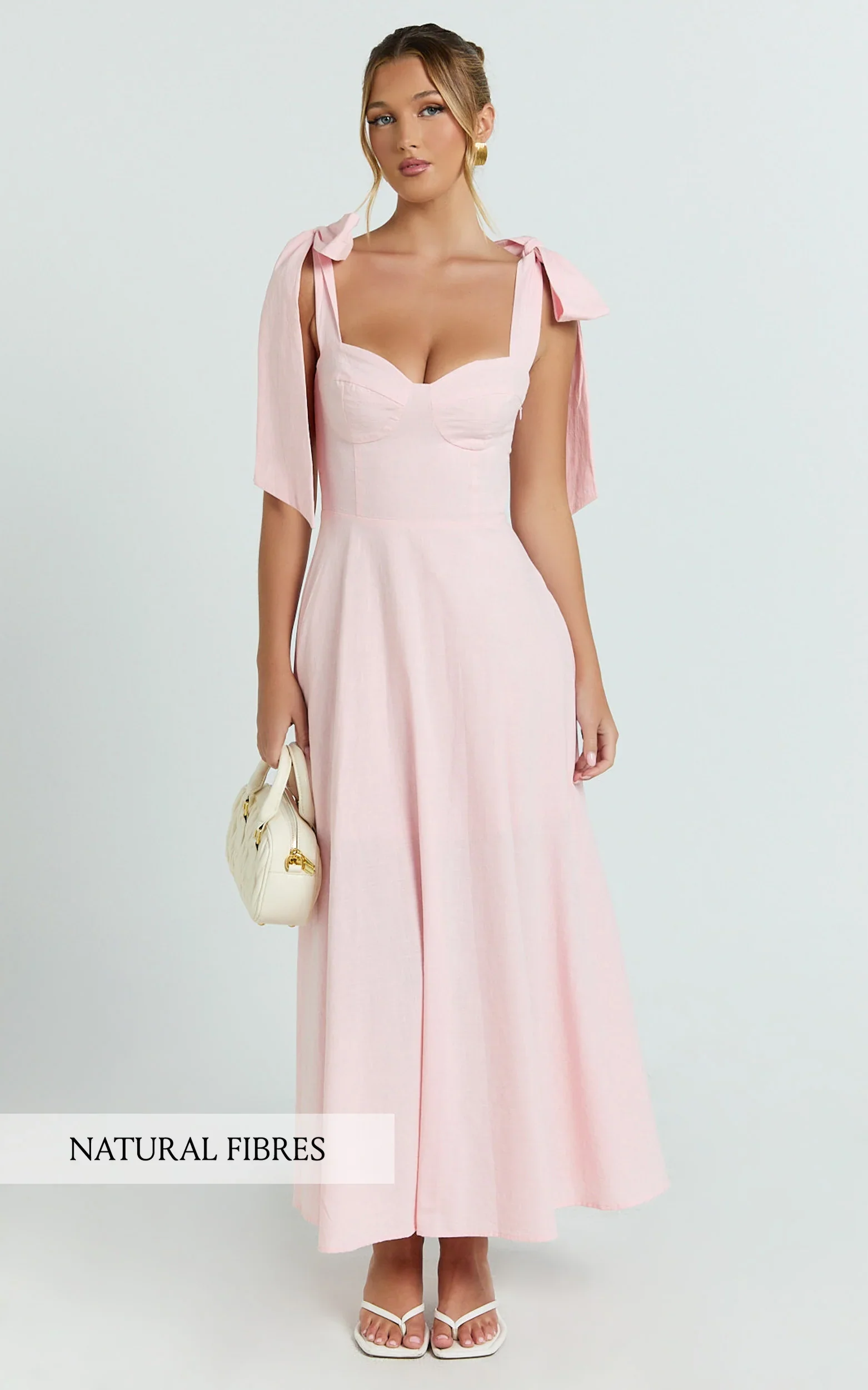 Shoulder Tie Bustier Shirred Back A Line in Pink