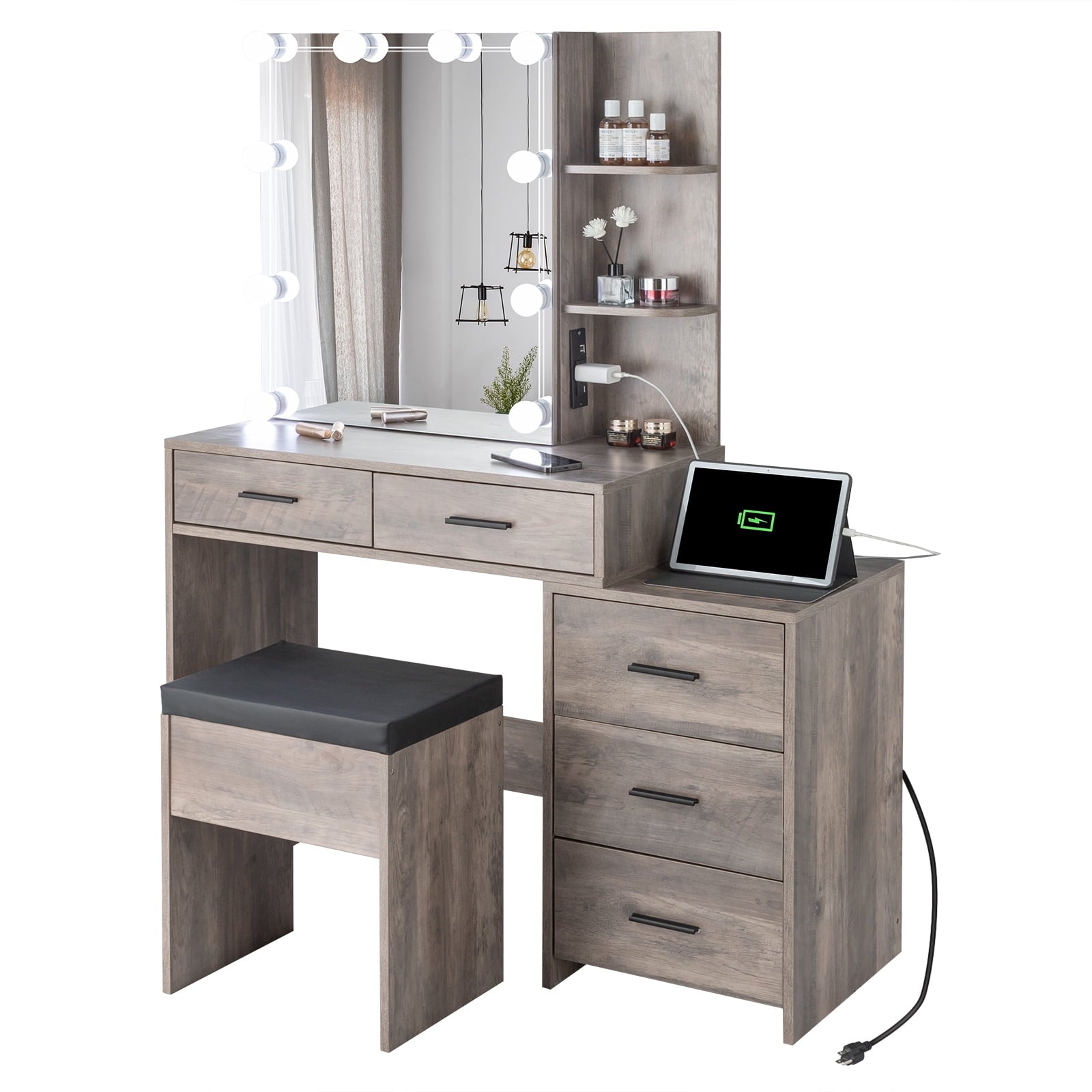 Lowest Prices - Ktaxon Lighted Vanity Makeup Table Set with Charging Station, Sliding Mirror with Cushioned Stool - Amazon