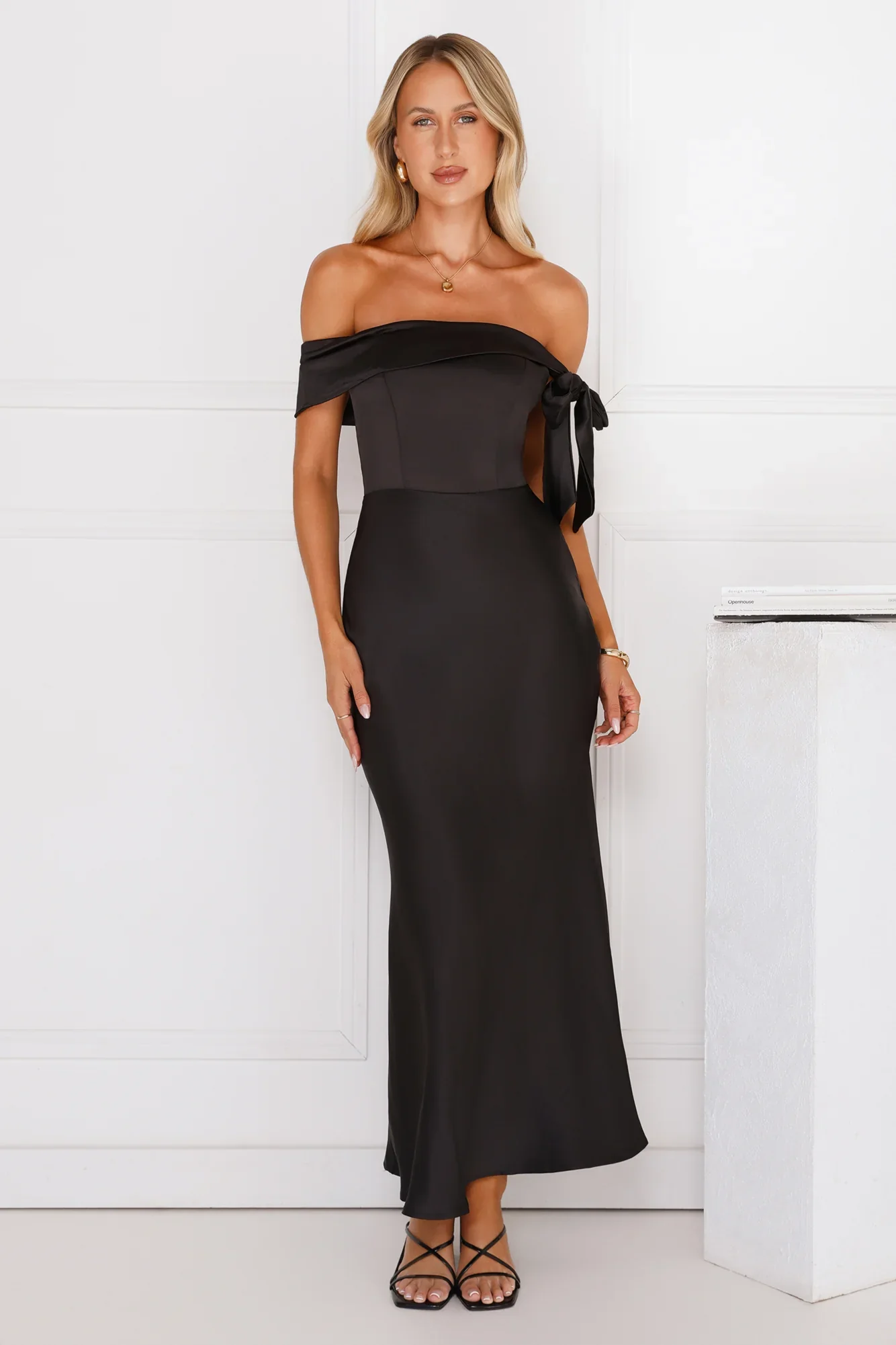The Hype Off Shoulder Satin Midi Dress Black