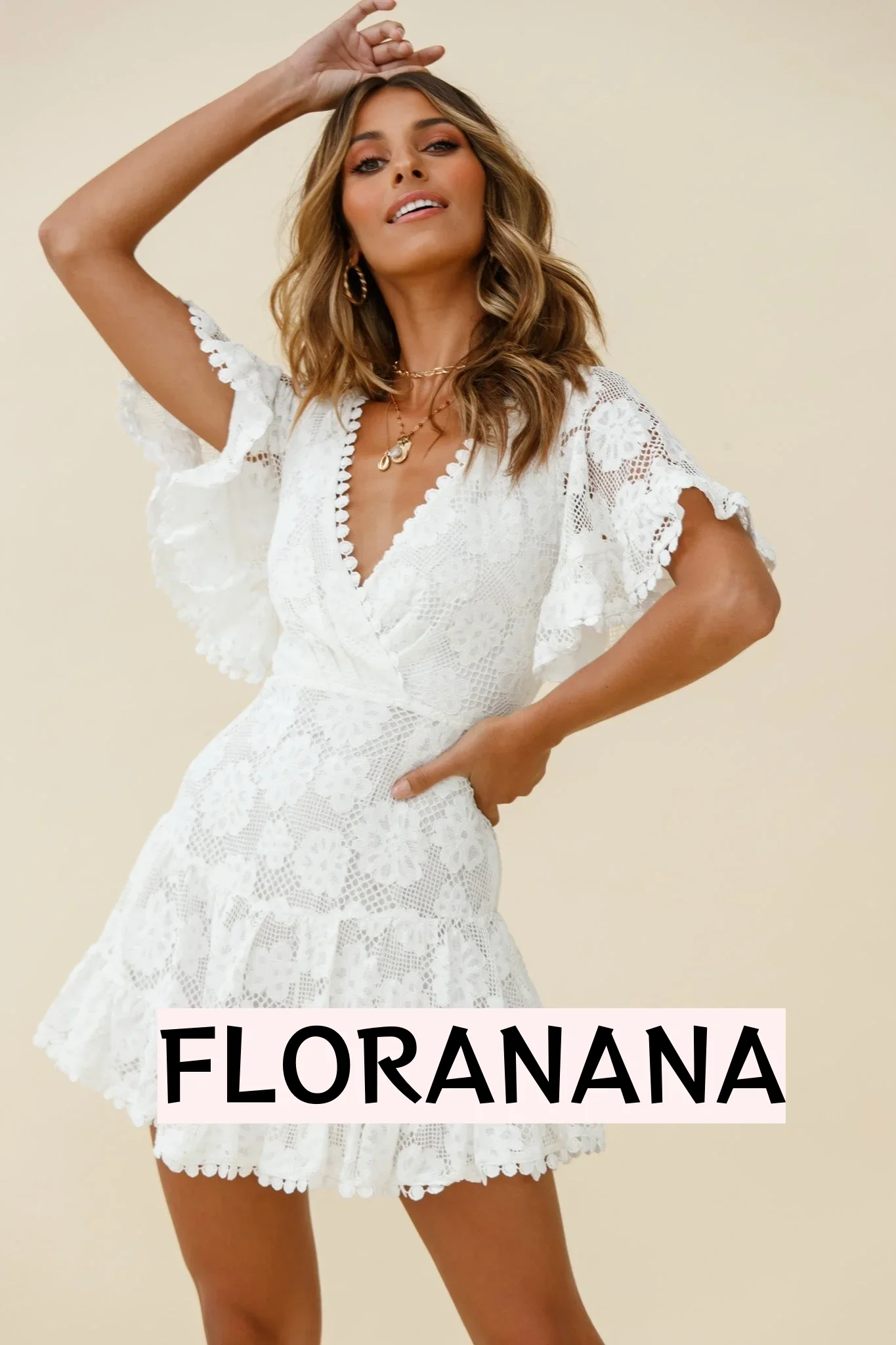 Alaia Short Fluted Sleeve Crochet Lace Dress White