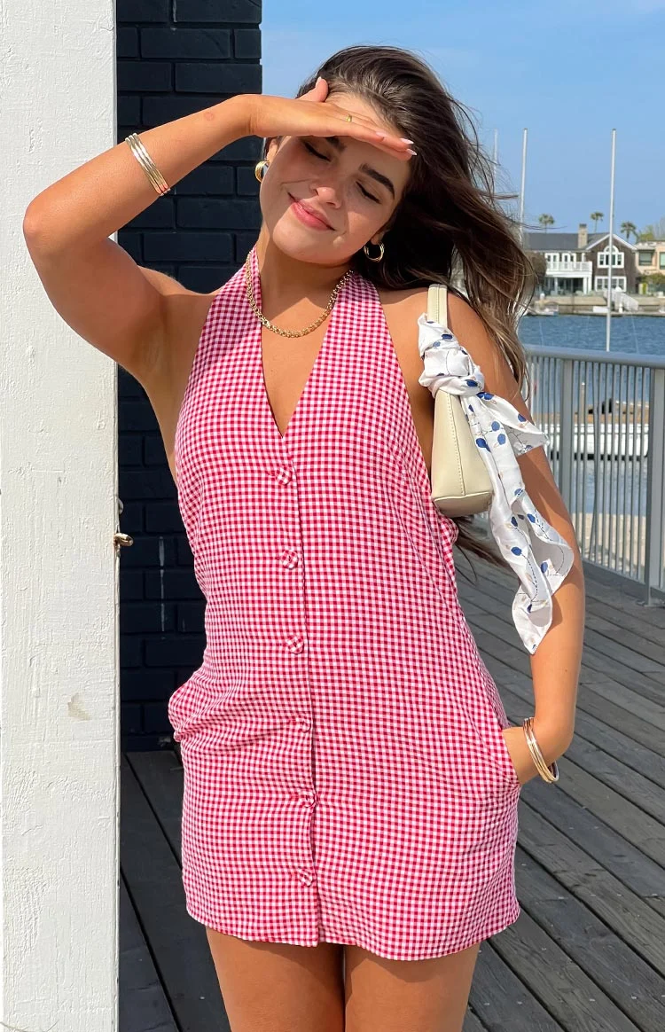 Felix Red Gingham Halter Mini Dress