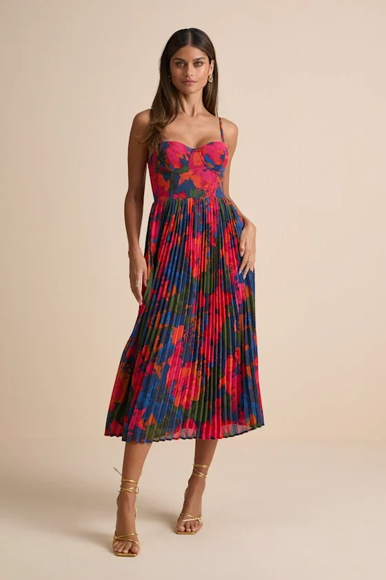 Dorothy Dark Blue Multi Floral Print Pleated Midi Dress