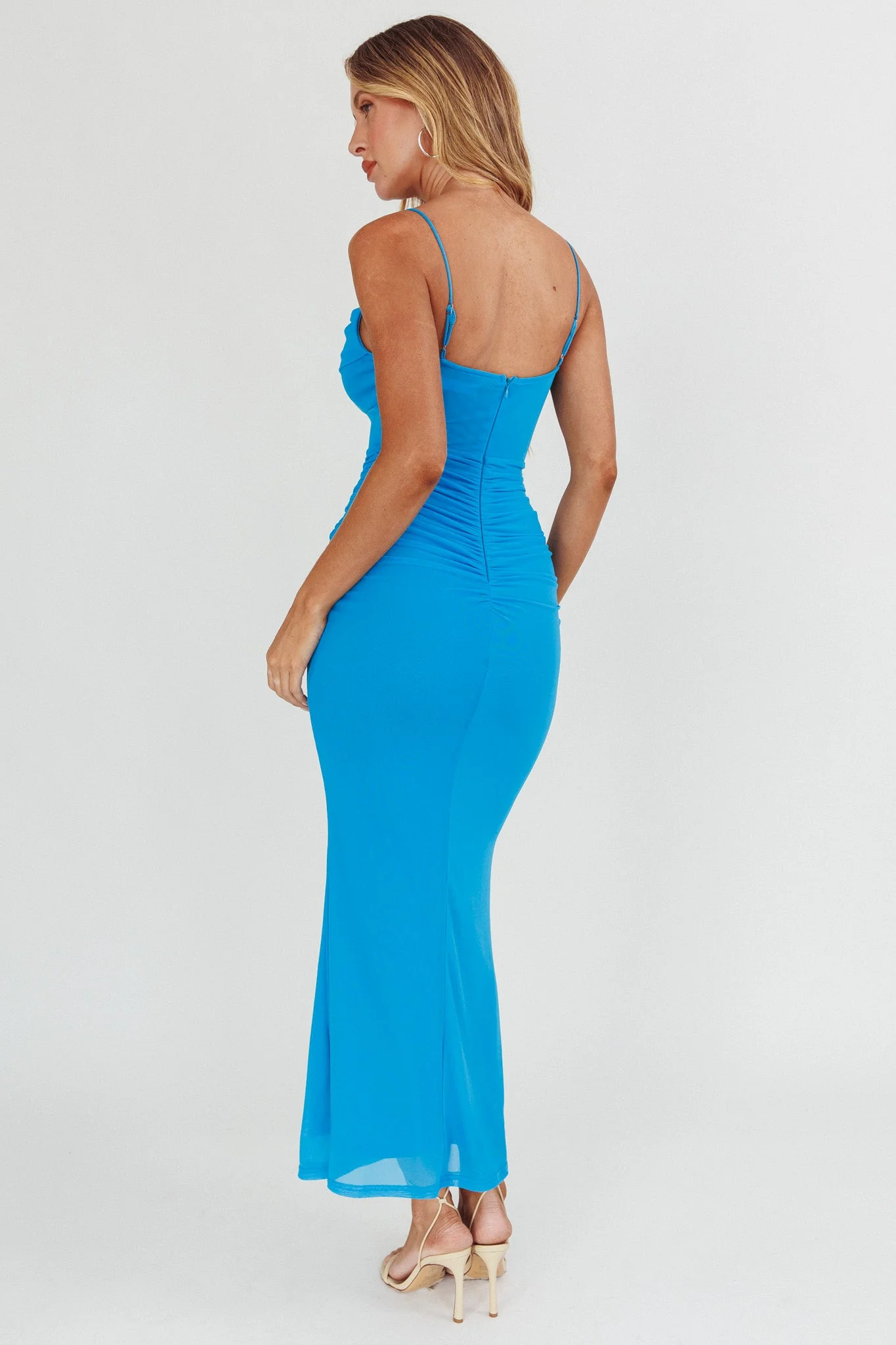 Morella Ruched Waist Mesh Maxi Dress Blue