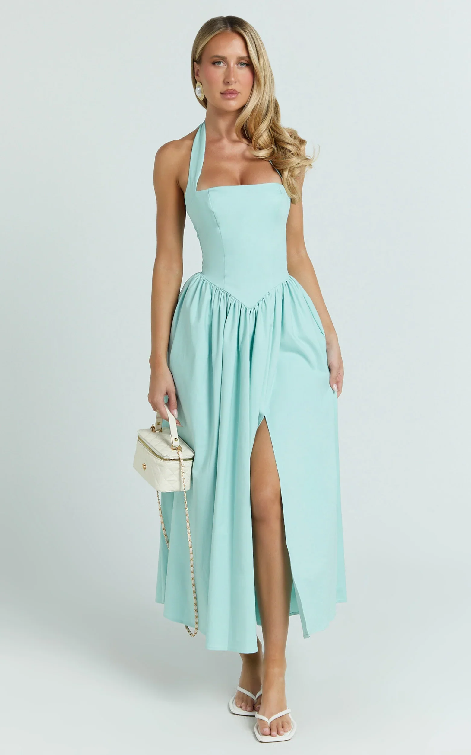 Halter Tie Neck Corset Panel Dress in Mint
