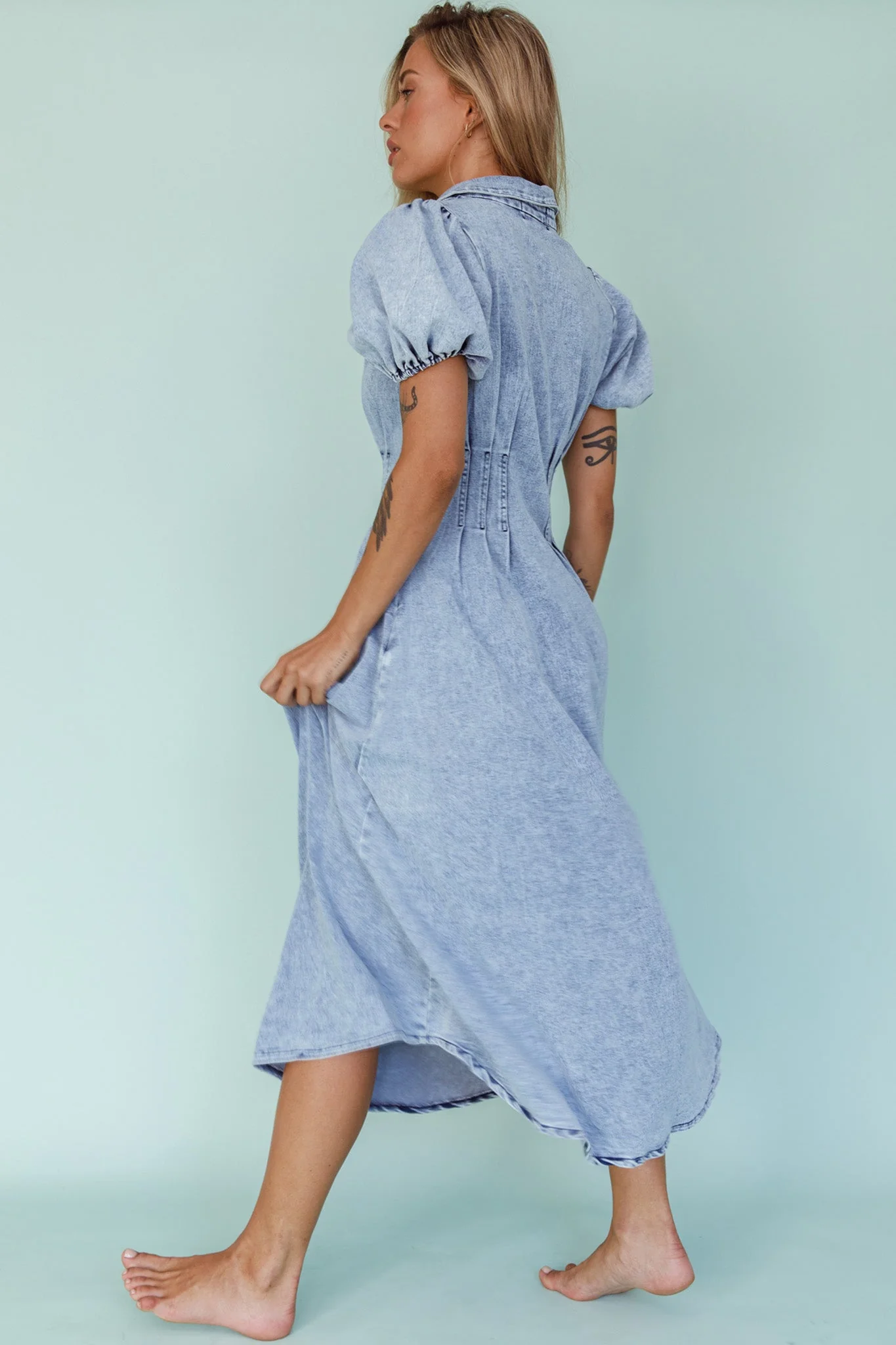 Zurich Pleated Waist Midi Dress Denim Blue