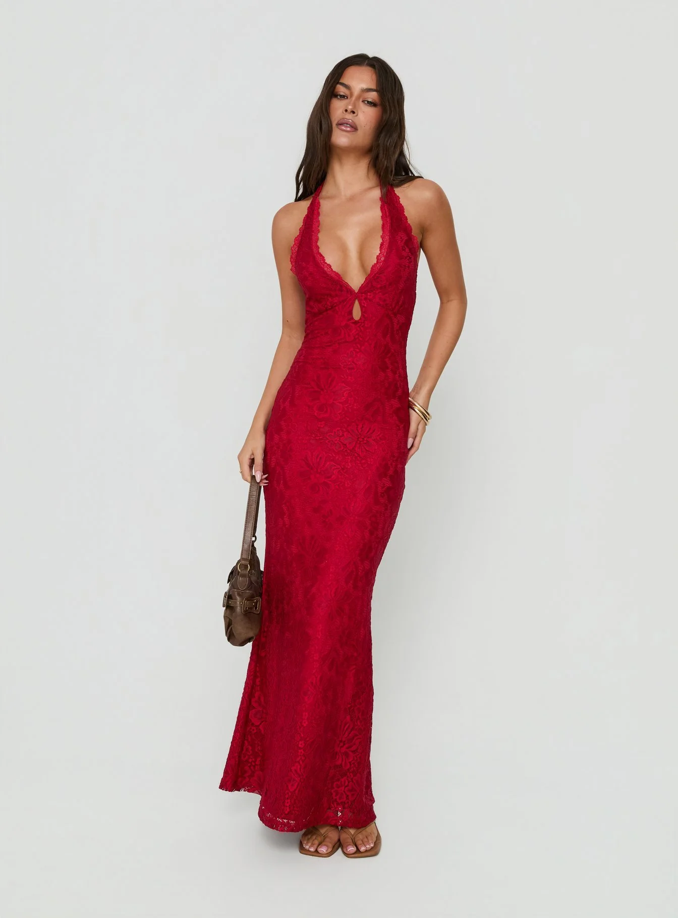 Kalaia Lace Halter Maxi Dress Red