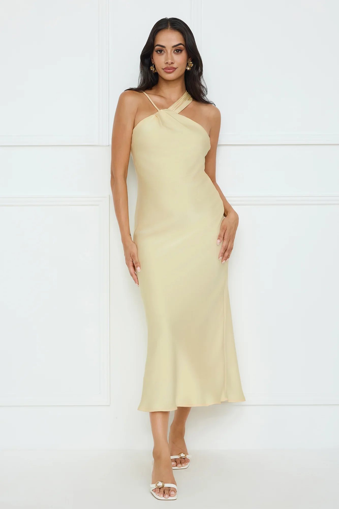 WHISPERING PALMS SATIN MIDI DRESS YELLOW