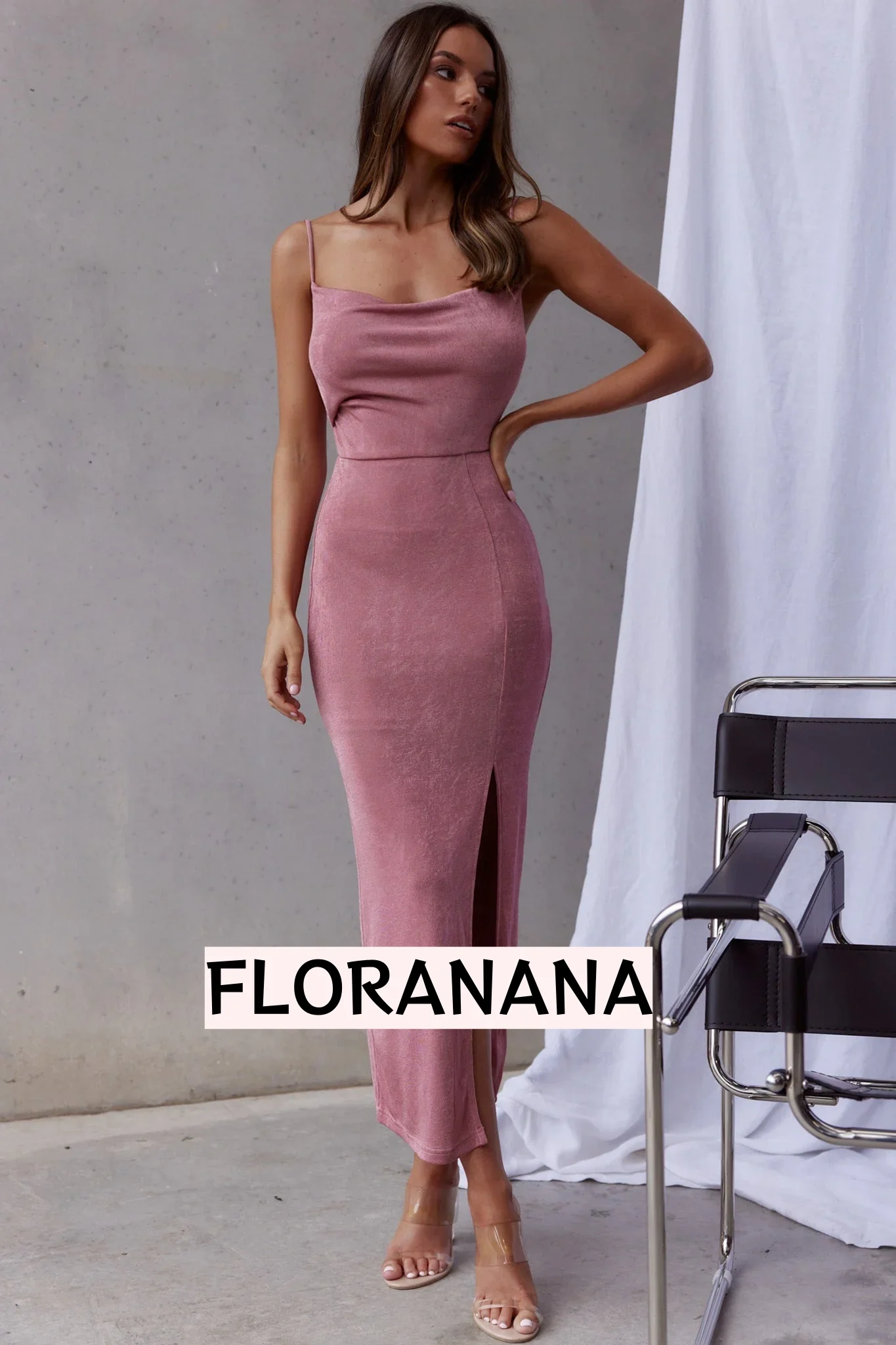 Frieda Cowl Neck Front Split Midi Dress Mauve
