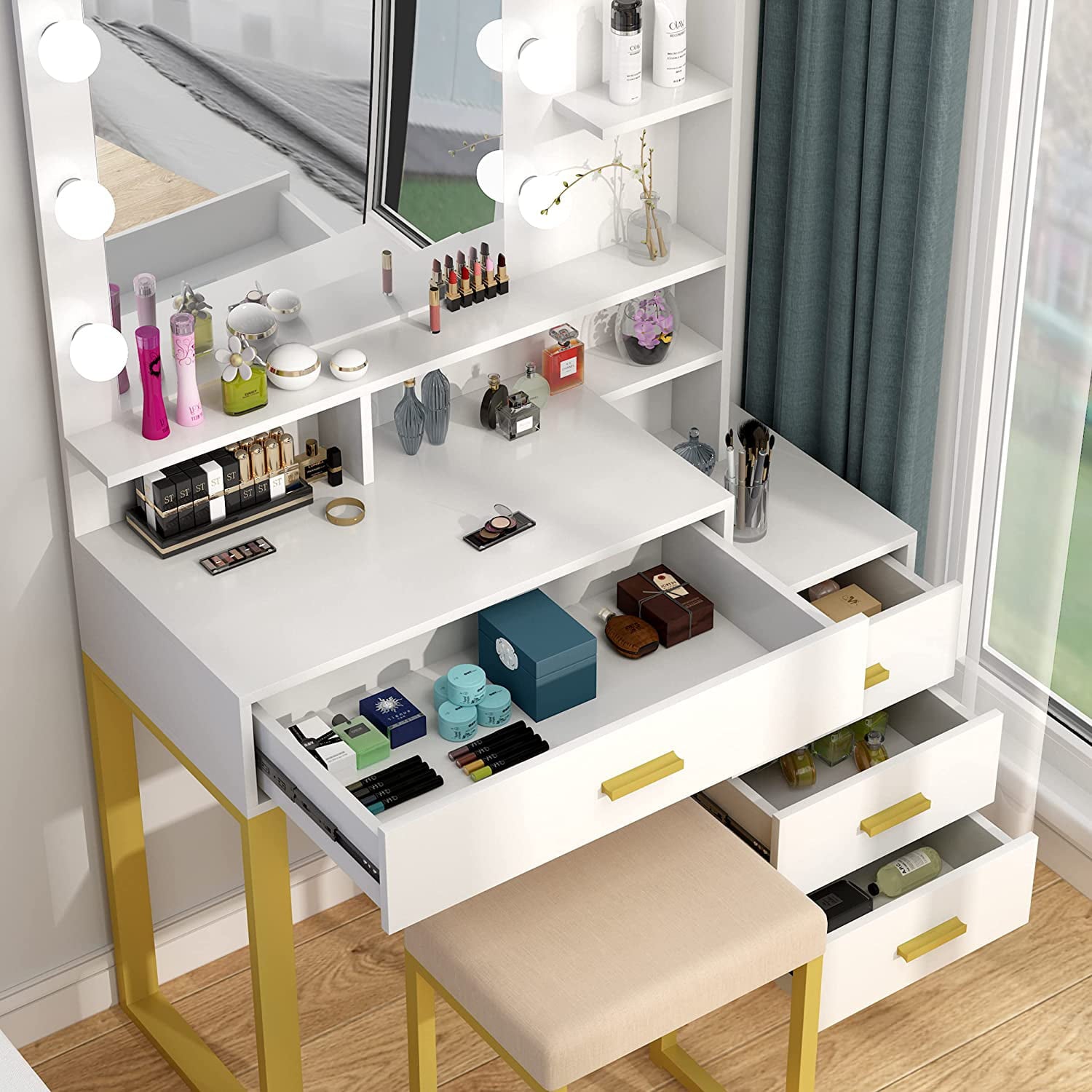 Lowest Prices - Pakasept Vanity Set with Lighted Mirror, Makeup Vanity Dressing Table with LED Light, Drawers, Storage Shelves and Cushioned Stool, Small Vanity Desk for Bedroom - Amazon