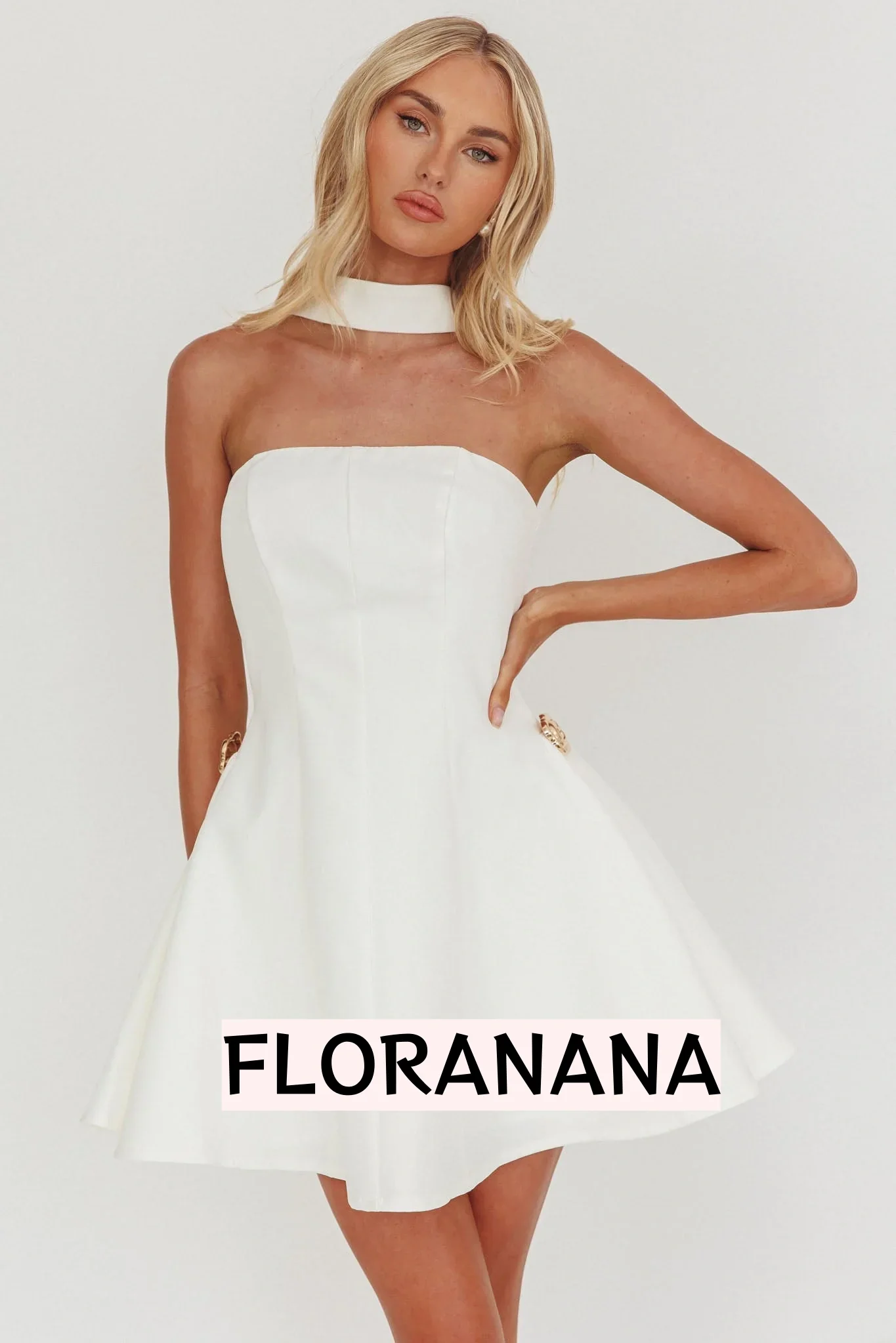 Annora Strapless Gold Button Mini Dress White