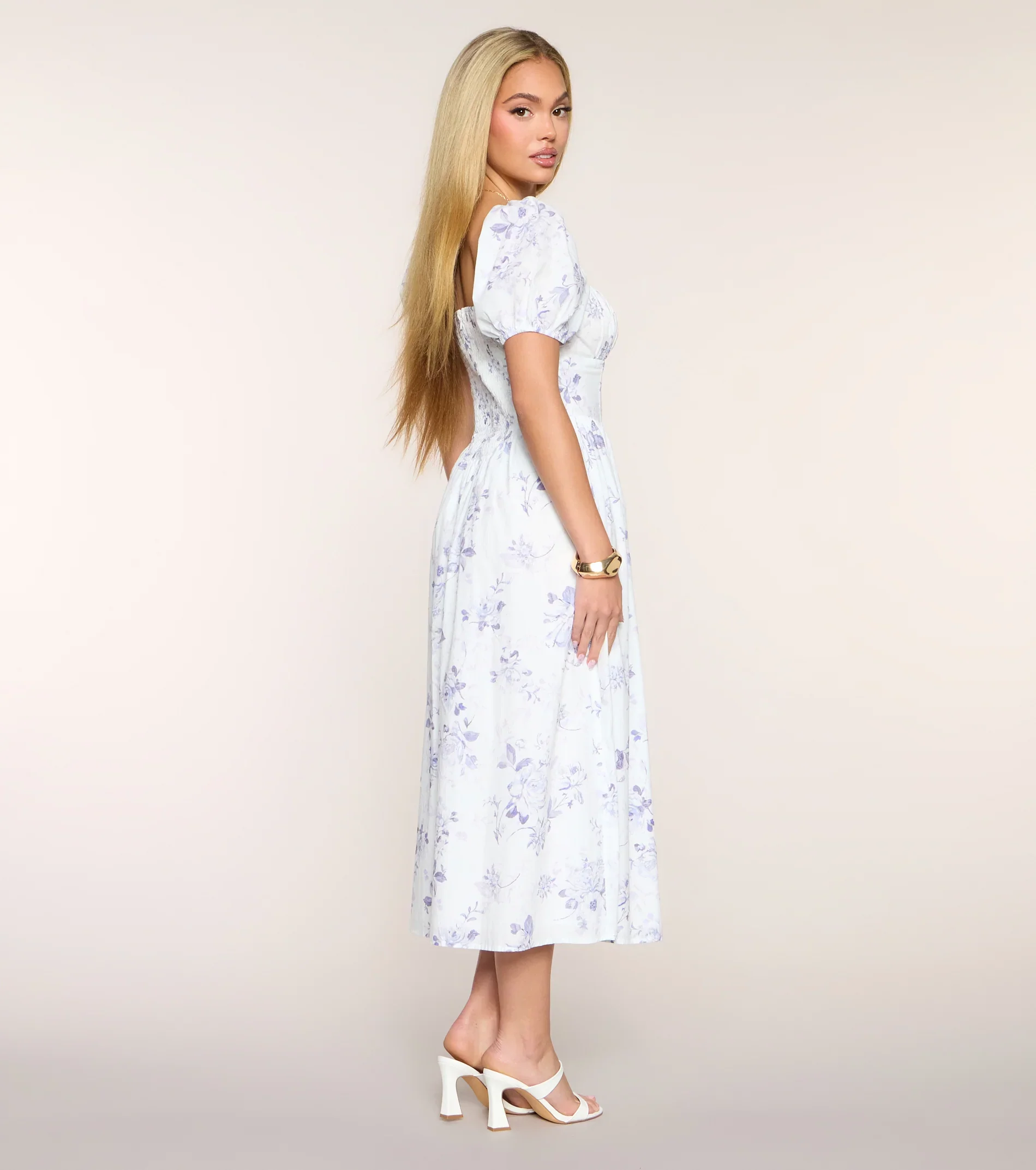 Day Date Floral Print Puff Sleeve Midi Dress