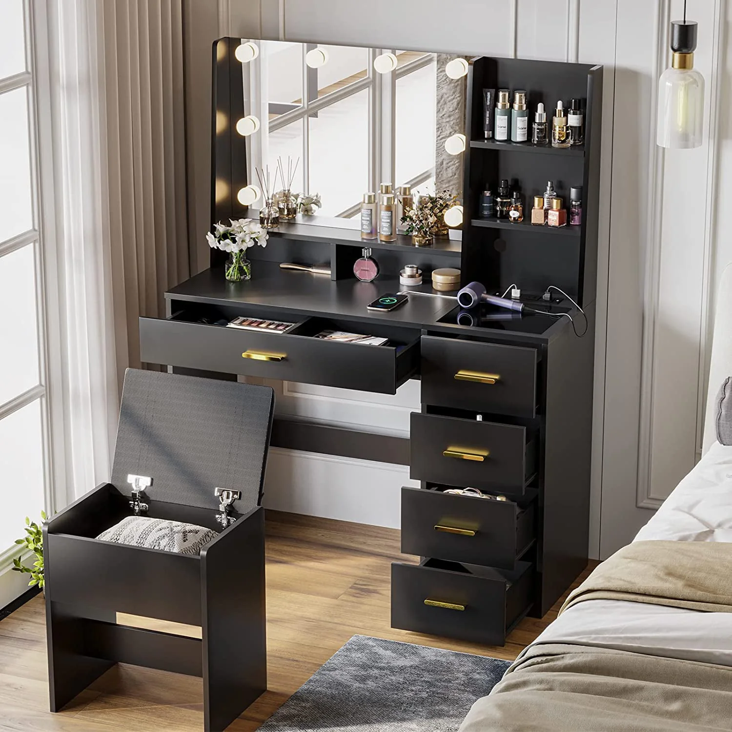 Lowest Prices - Black Vanity Set with Lights & Charging Station & Cushioned Stool, Modern Makeup Vanity Desk Table with Visible Drawers and Open Storage Shelves for Women Girls - Amazon