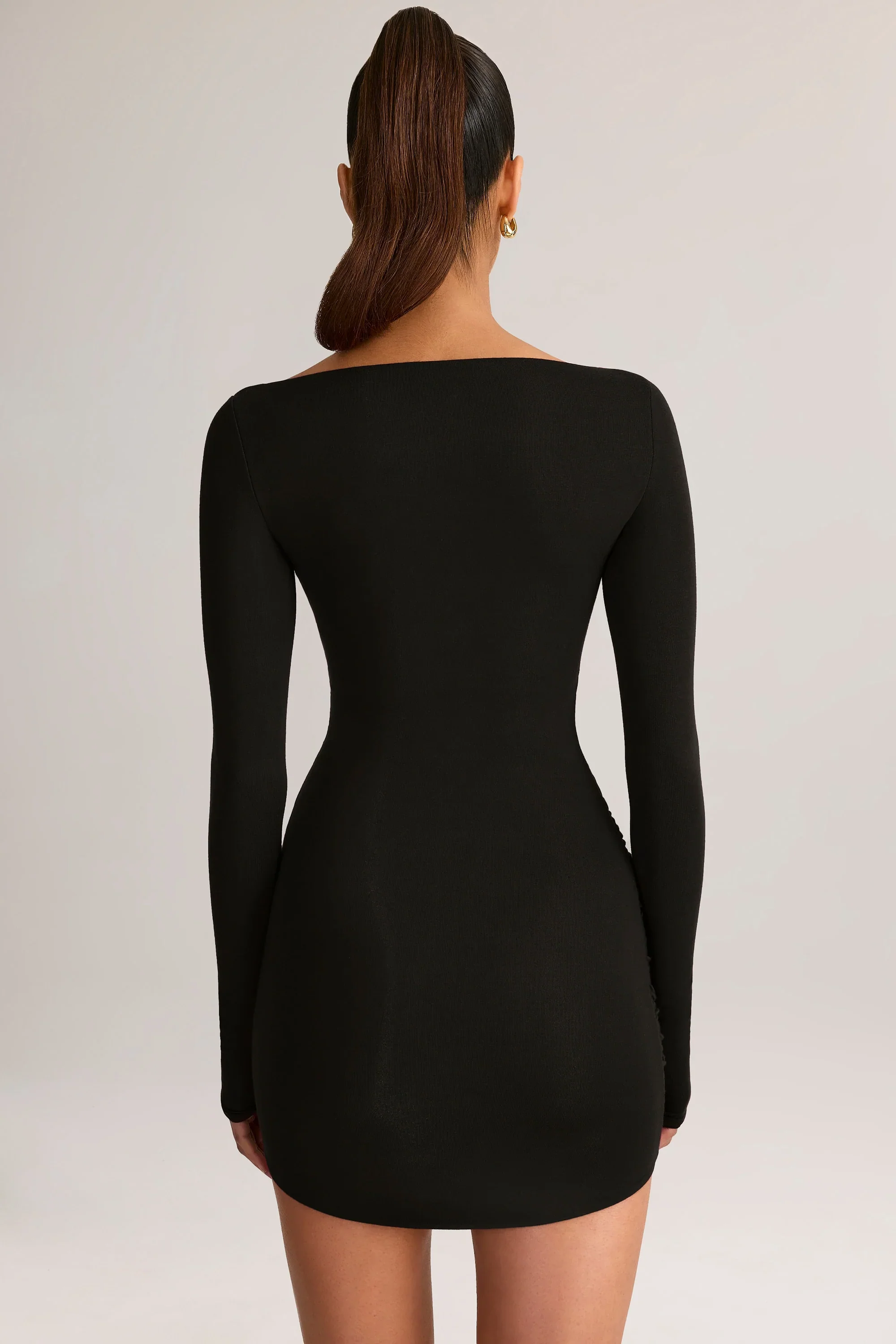 Modal Boat-Neck Draped Long-Sleeve Mini Dress in Black