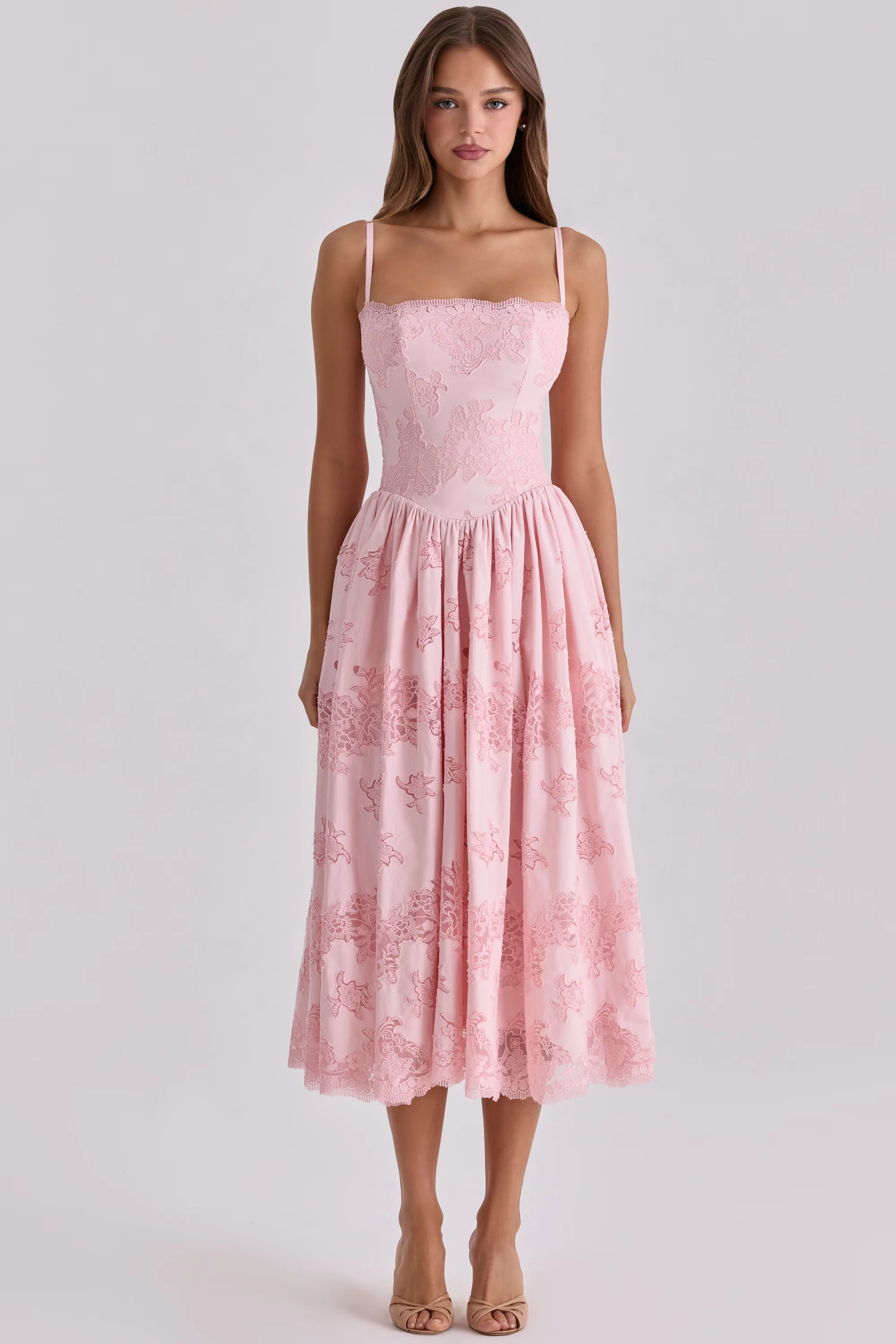 pink cotton broderie anglais lace midi sundress