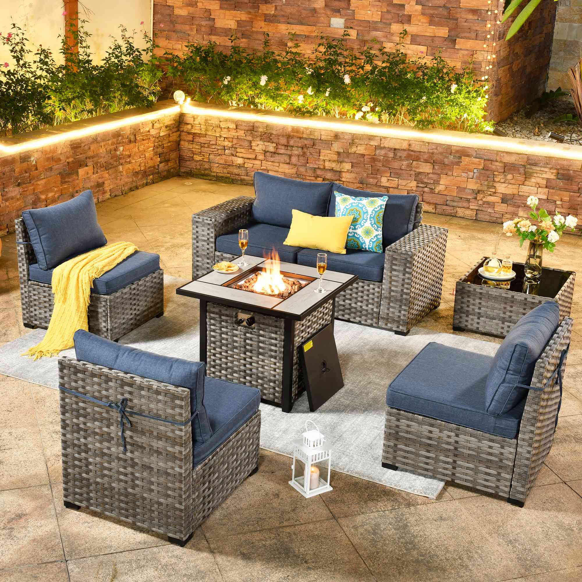 7 Pieces Patio Furniture Set with 7.68'' Broad Handrails and 30'' Fire Pit Table - Amazon