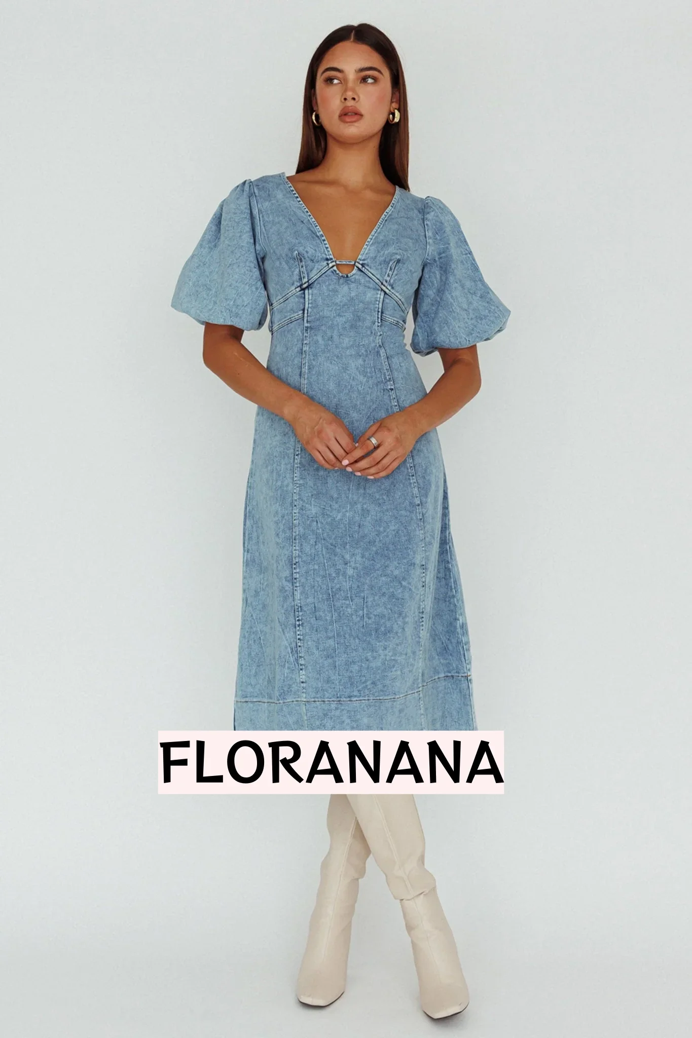 Elias Puff Sleeve Midi Dress Denim