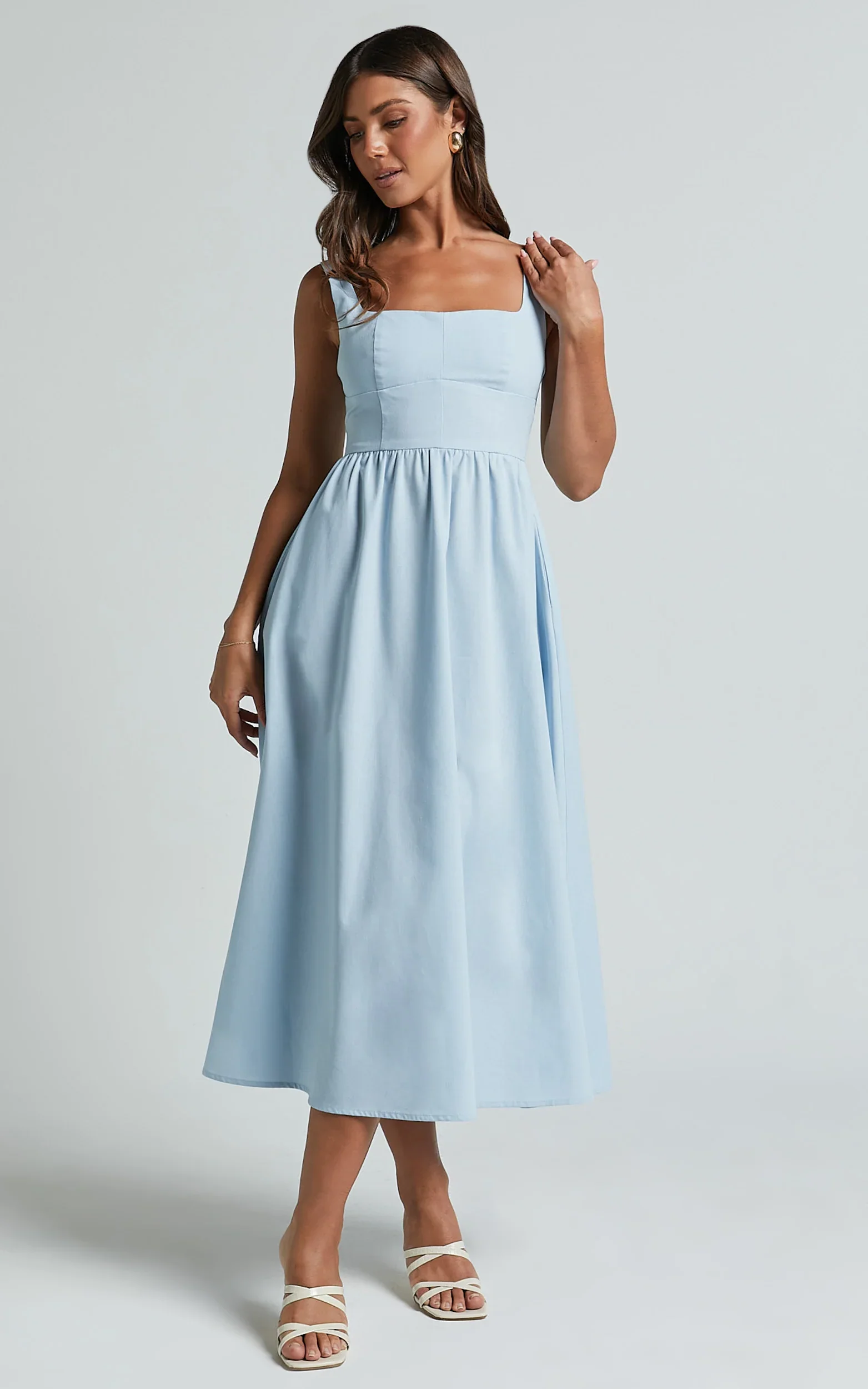 Linen Look Square A Line Dress in Blue