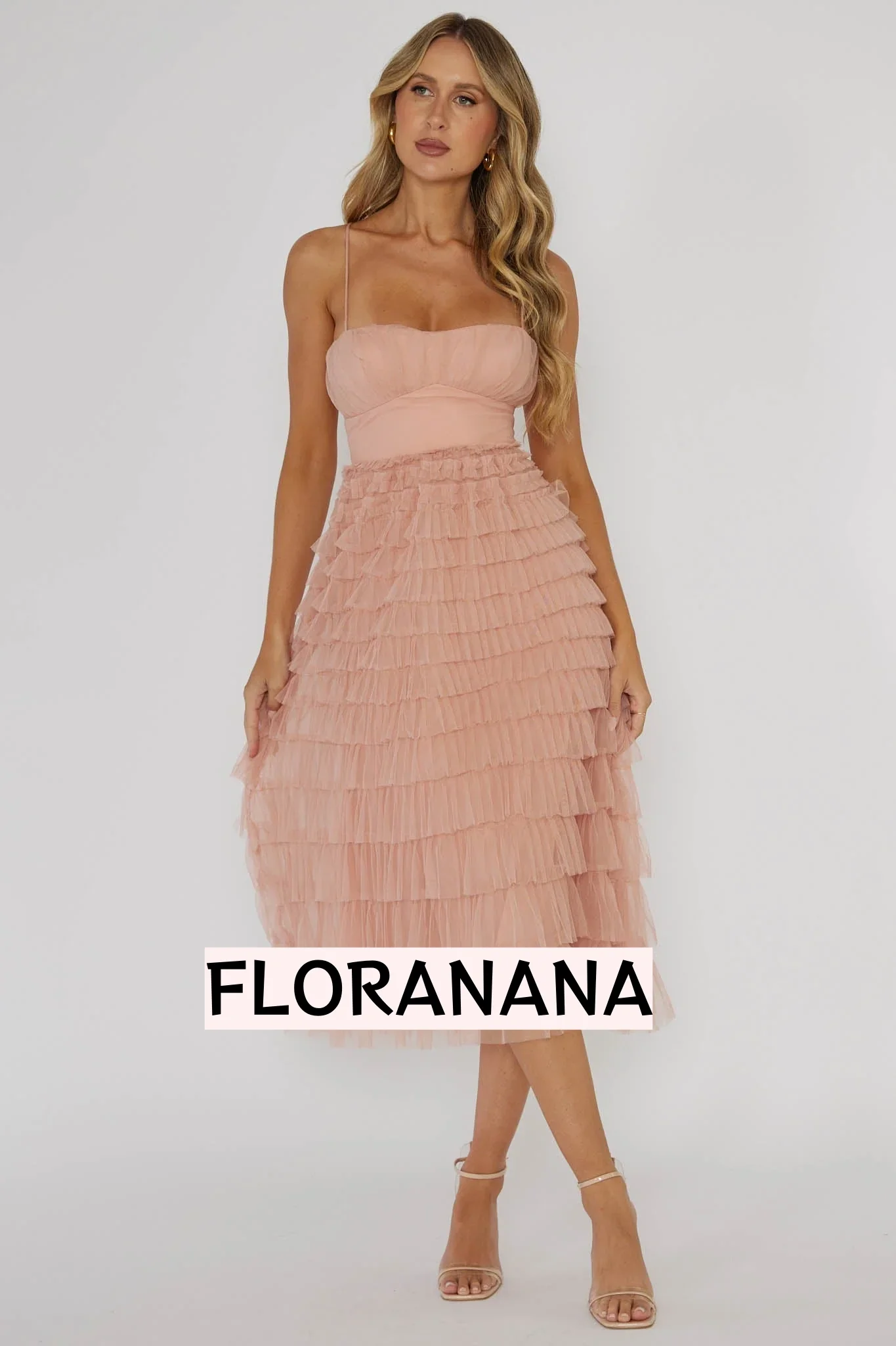 Garden Party Tiered Frill Midi Dress Blush