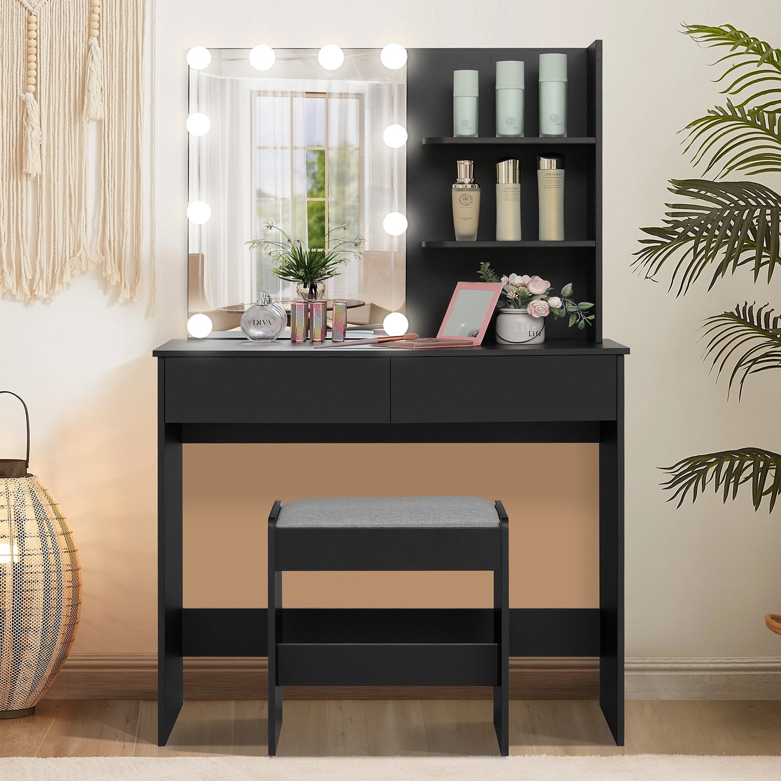 Lowest Prices - USIKEY Vanity Table Set for Gift with 10 Hollywood Style Lights, Dressing Vanity Table with 2 Long Shelves and 2 Big Drawers, Makeup Table with Cushioned Stool for Women, Girls, Bedroom, White - Amazon