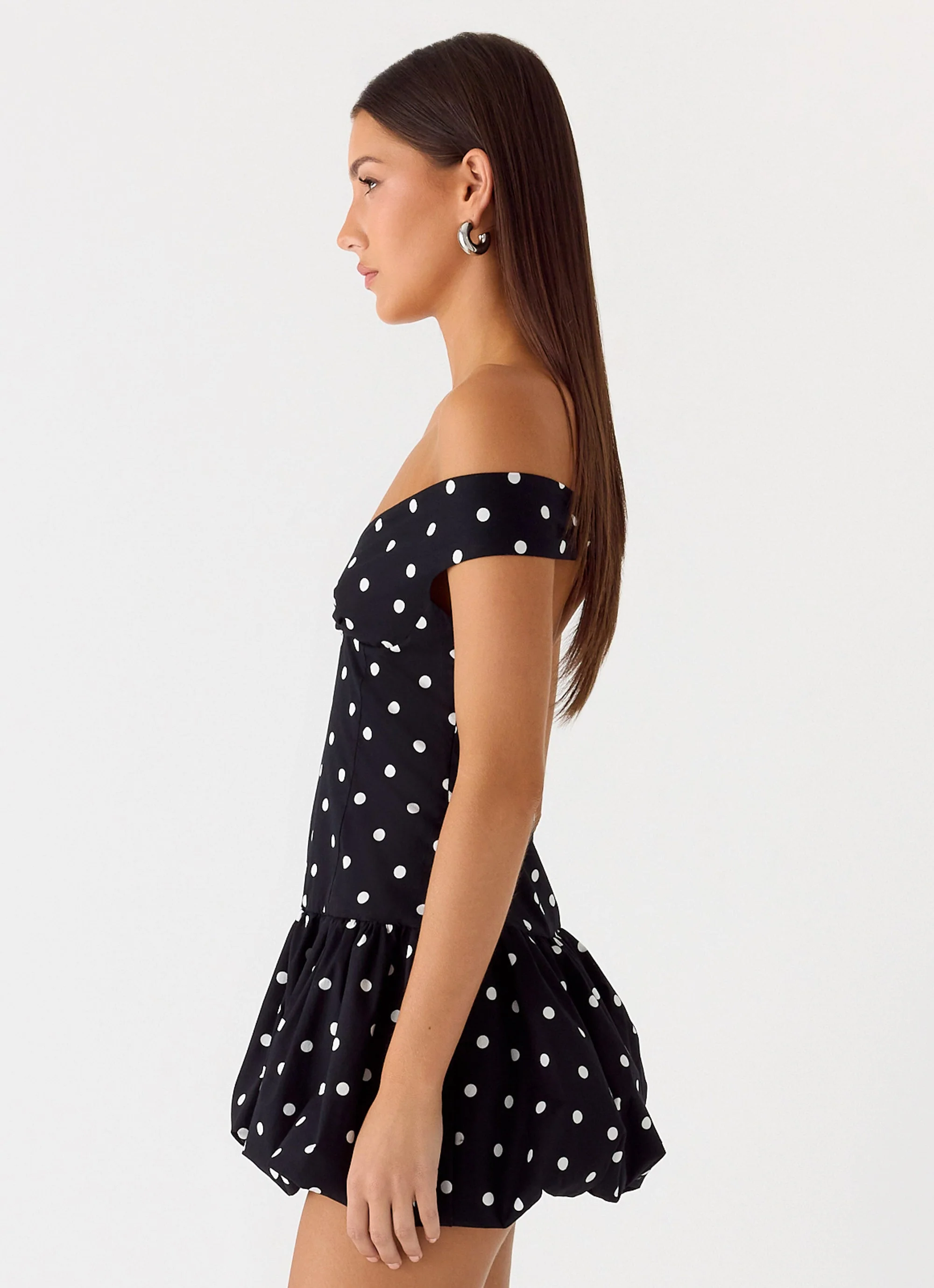 Endless Romance Off Shoulder Mini Dress - Black Polkadot