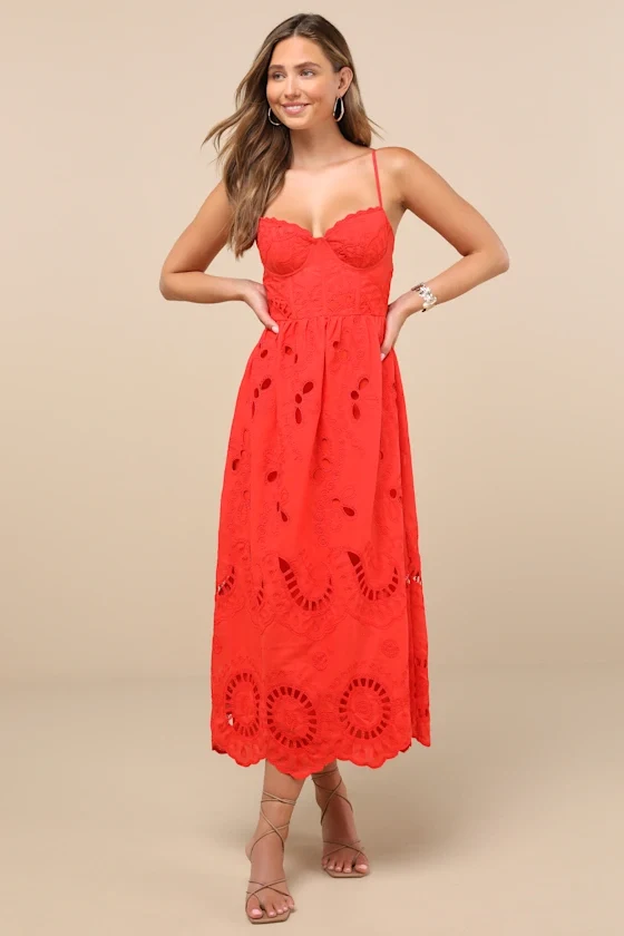 Jenora Bright Red Embroidered Bustier Midi Dress