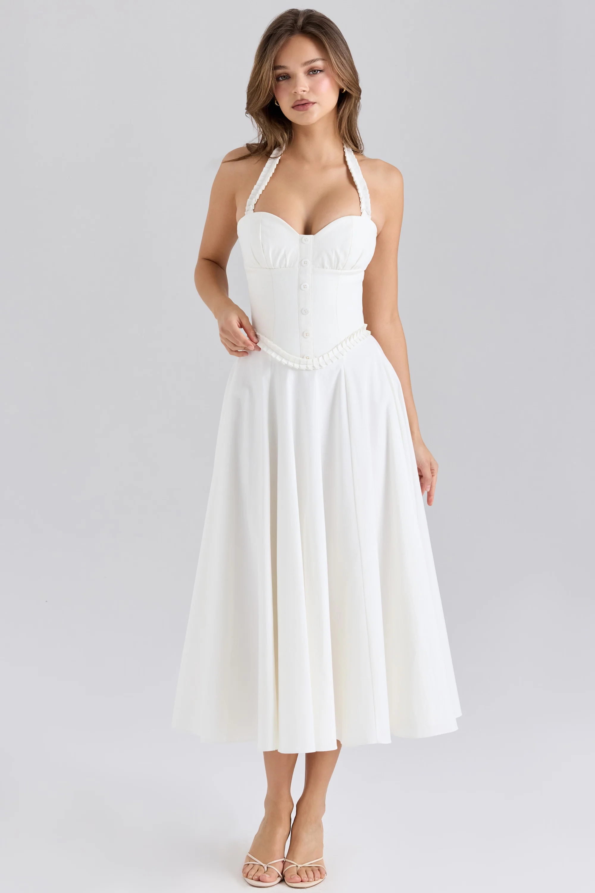 white stretch cotton halter neck midi dress