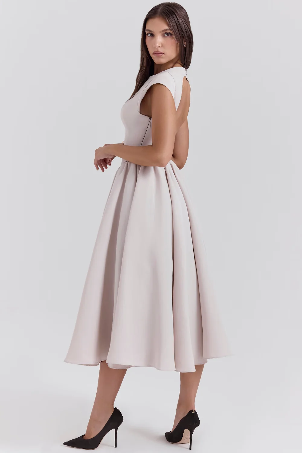 french dove moire satin backless midi dress