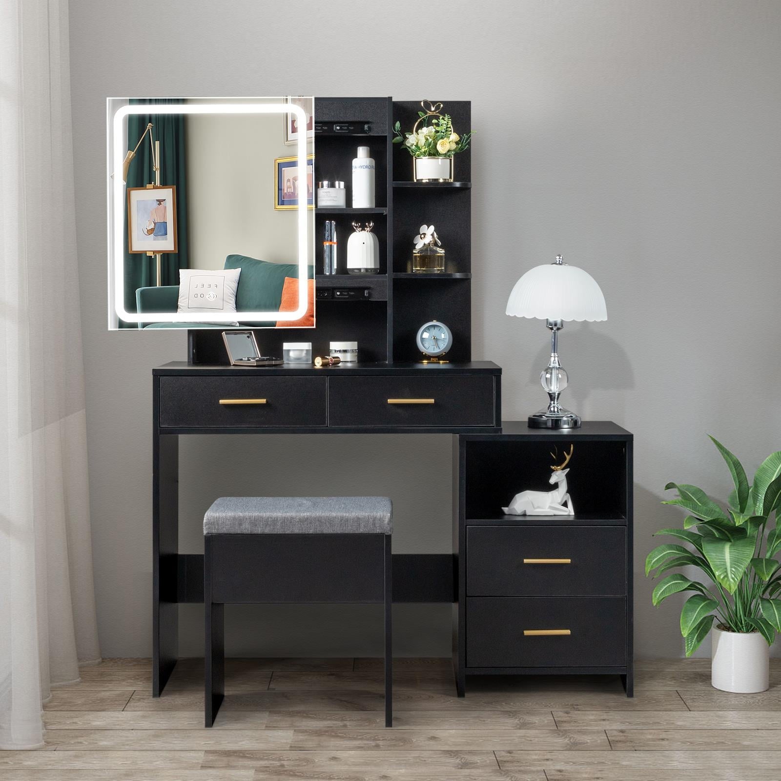 Lowest Prices - Ktaxon 3 Color Lighted Vanity Table with Sliding Mirror Vanity Set with Storage Drawers Hidden Shelves Cushion Stool White - Amazon