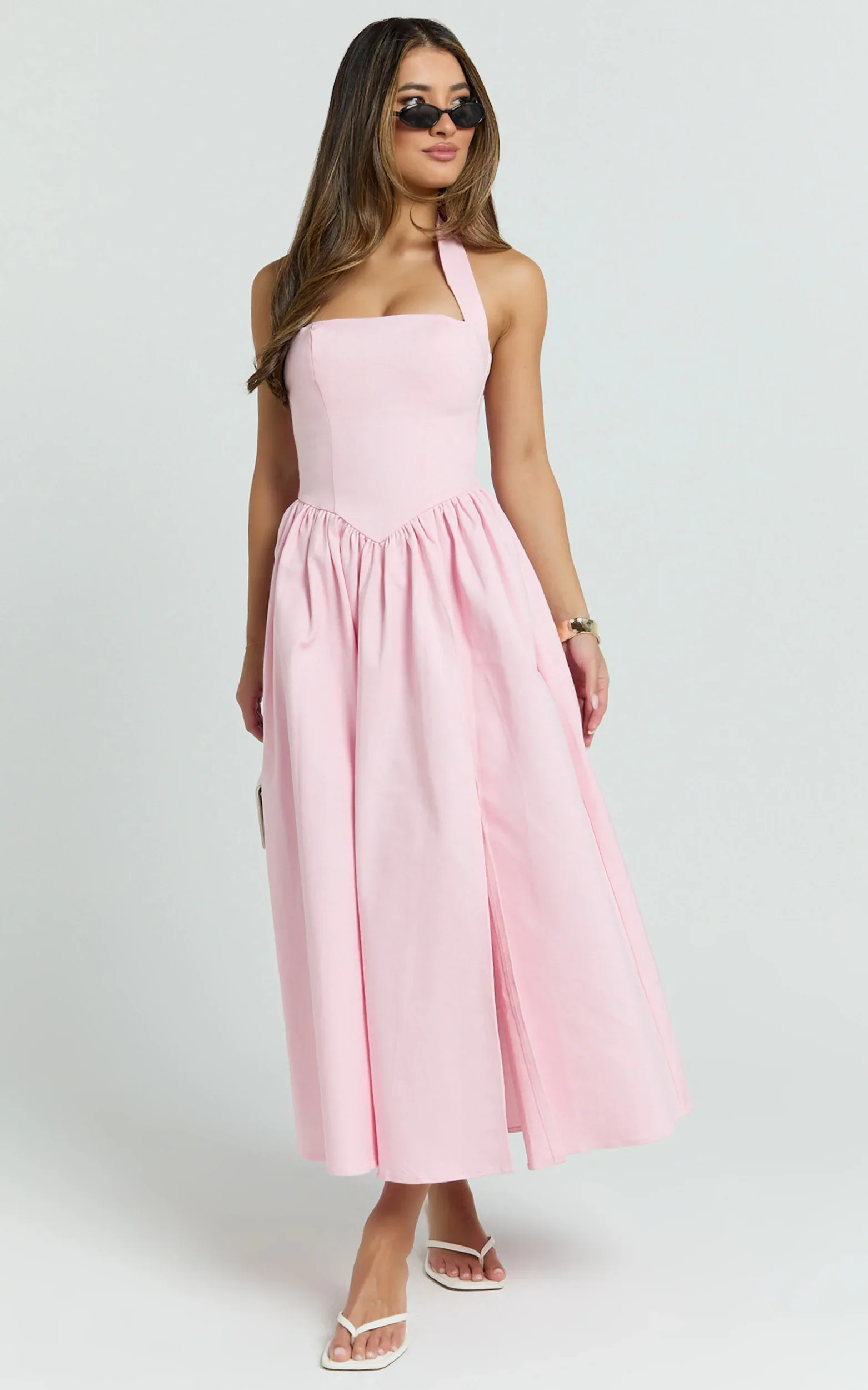 Halter Tie Neck Corset Panel Dress in Pink