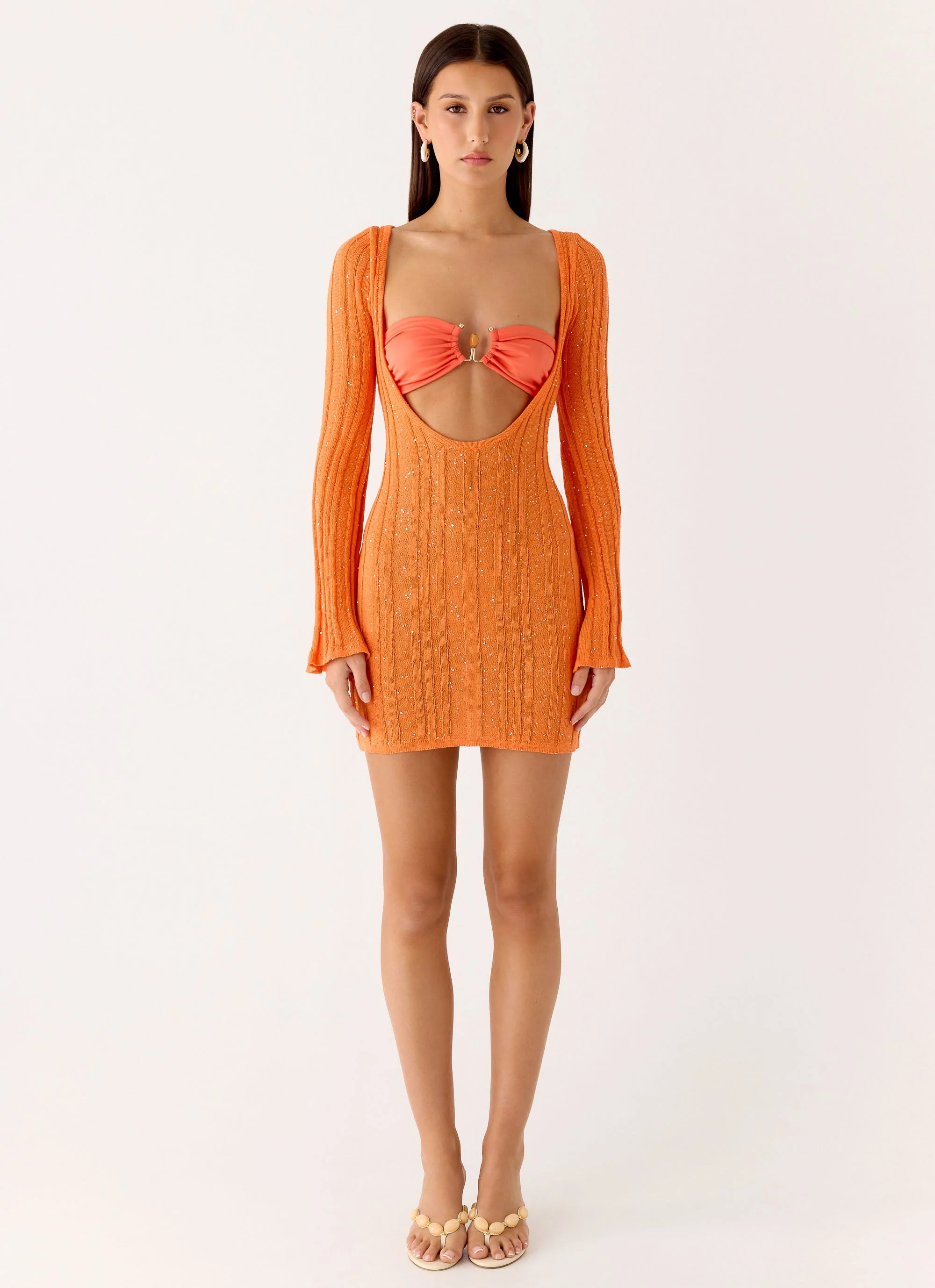 Estrella Long Sleeve Knit Mini Dress - Orange