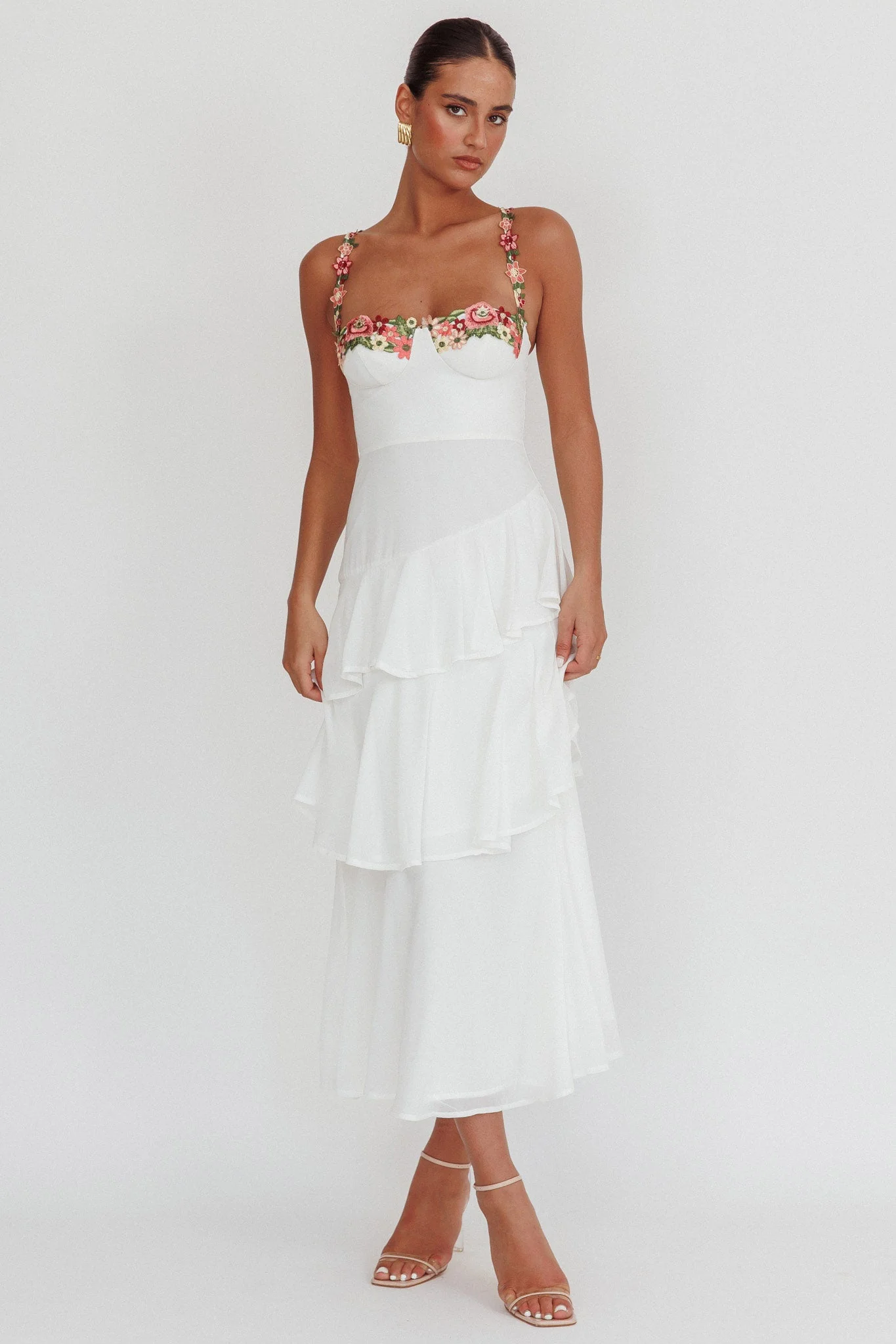 Rose Garden Tiered Ruffle Floral Trim Maxi Dress White