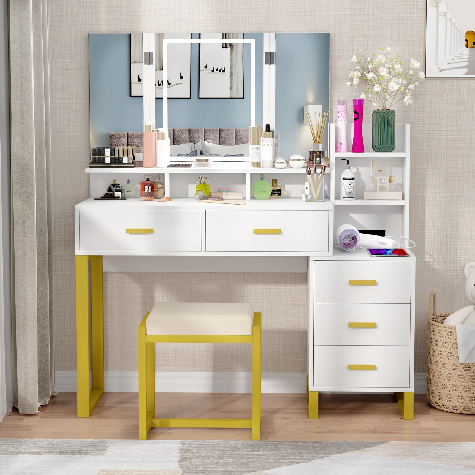 Lowest Prices - PAKASEPT Vanity Set with Tri-Fold Makeup Mirror, Large Vanity Desk Makeup Vanity with 3-Color Adjustable Touch Light, Charging Station, 5 Drawers, Storage Shelves&Cushioned Stool for Bedroom, White - Amazon