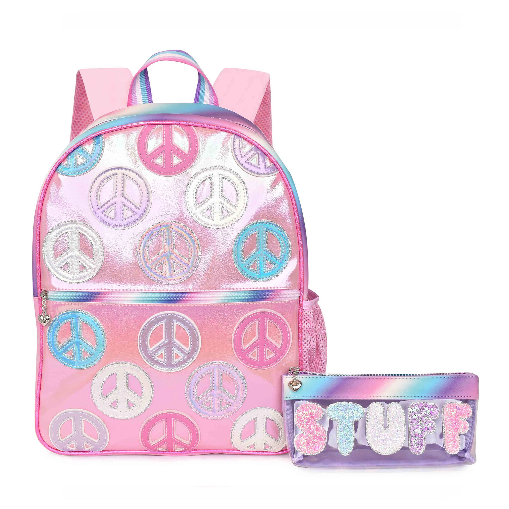 Metallic Peace Sign-Patched Large Backpack with Pencil Pouch toy bag