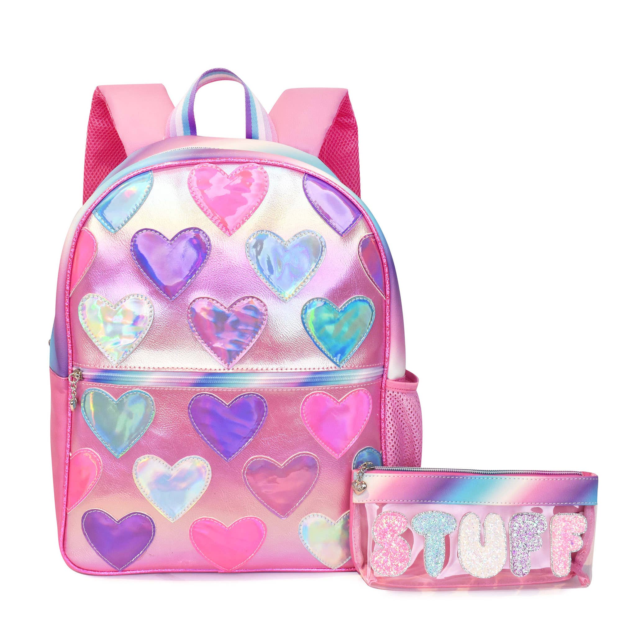 Metallic Heart-Patched Large Backpack with Pencil Pouch toy bag