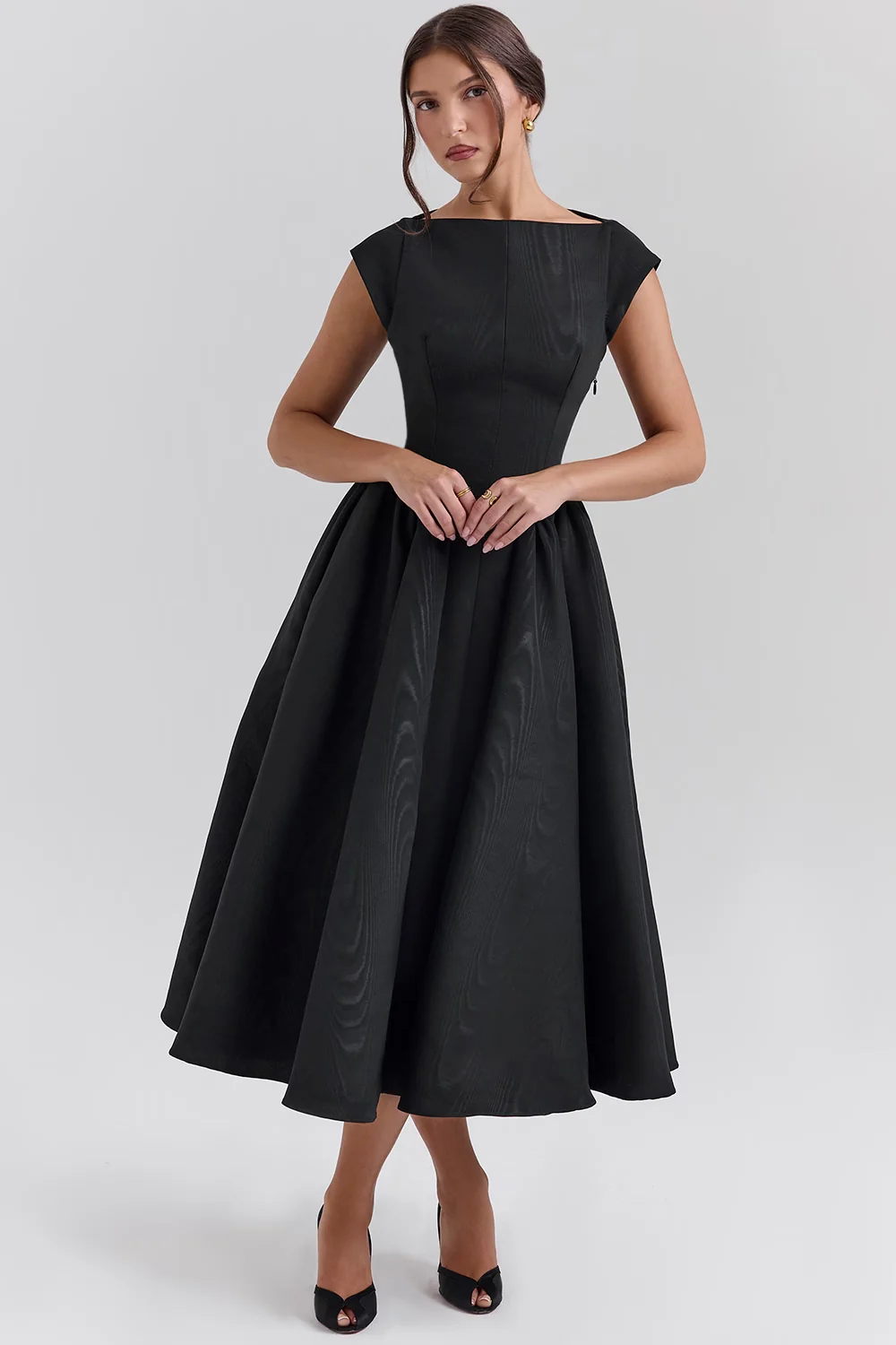 black moire satin backless midi dress
