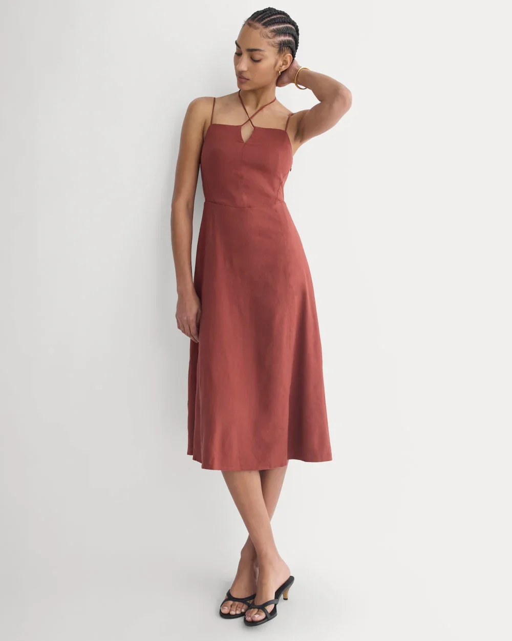 Tie-Neck Dress in Stretch Linen | Henna Red