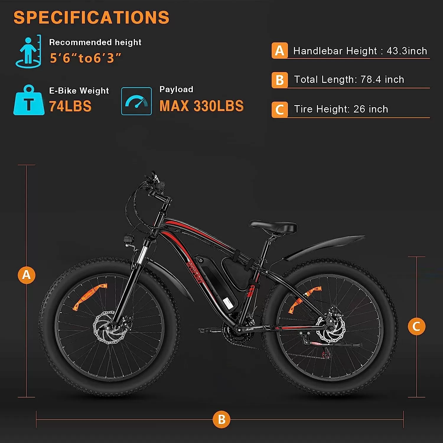BFISPORT EB26 Electric Bike for Adults 750W/Peak 1000W Electric Bicycle 48V 15AH LG Battery Electric Bike 26