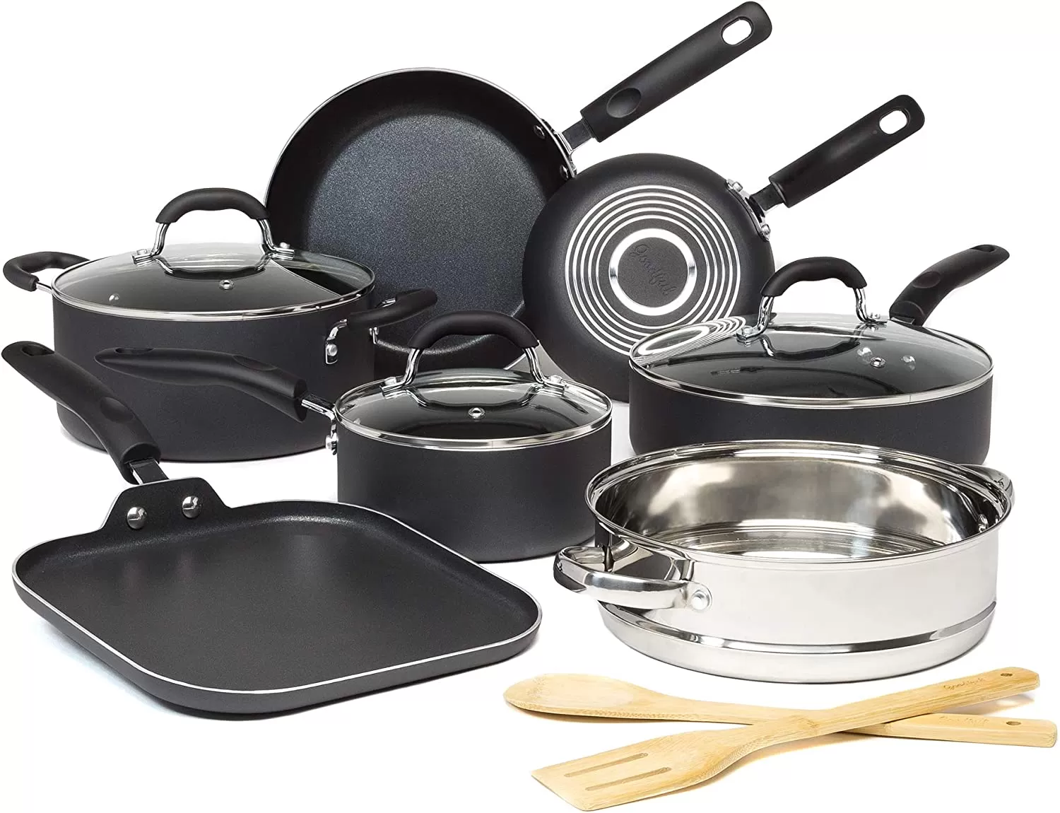 Cookware Set with Premium Non-Stick, Dishwasher Safe Pots and Pans, Tempered Glass Steam Vented Lids, Stainless Steel Steamer, and Bamboo Cooking Utensils Set, 12-Piece, Charcoal Gray - Amazon