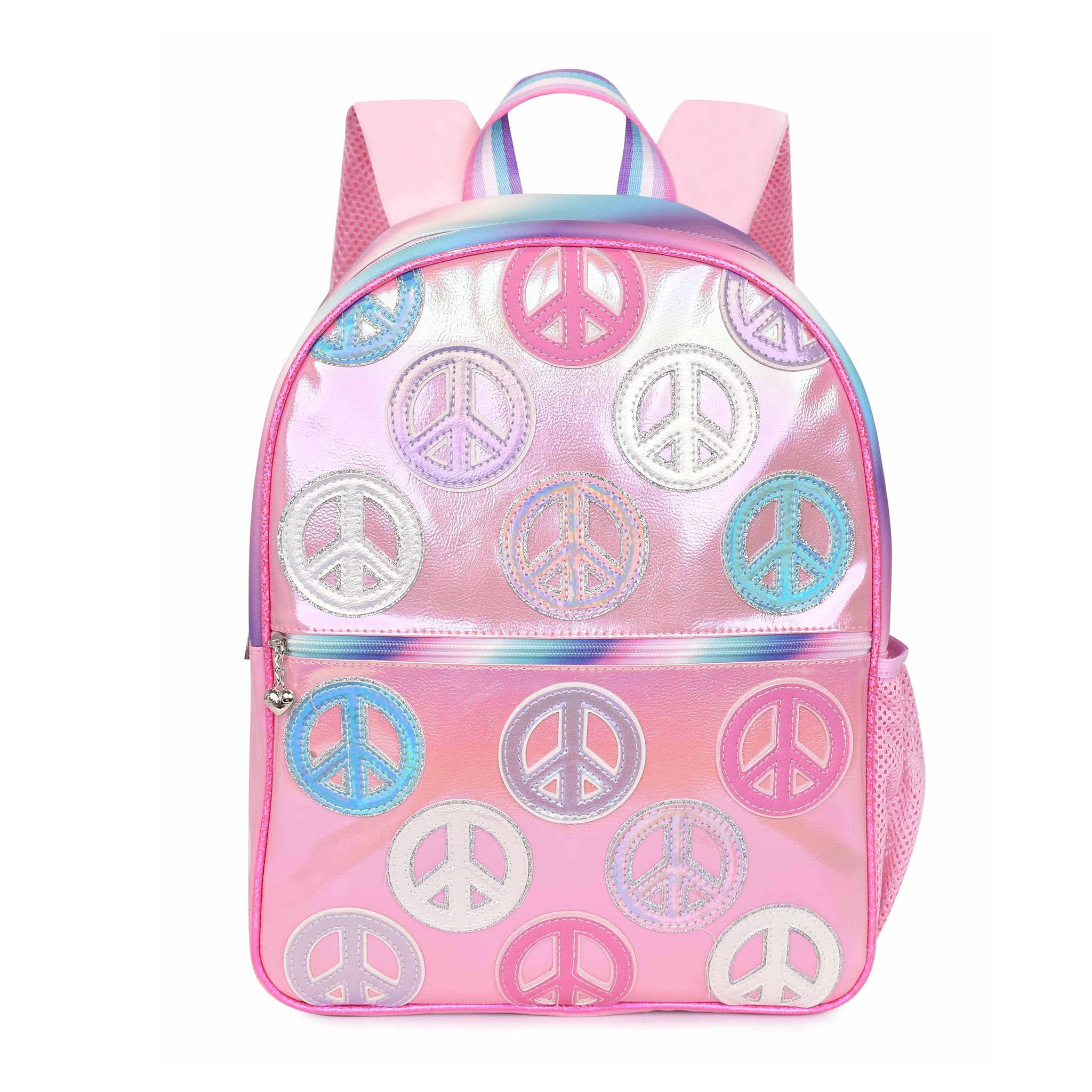 Metallic Peace Sign-Patched Large Backpack with Pencil Pouch toy bag