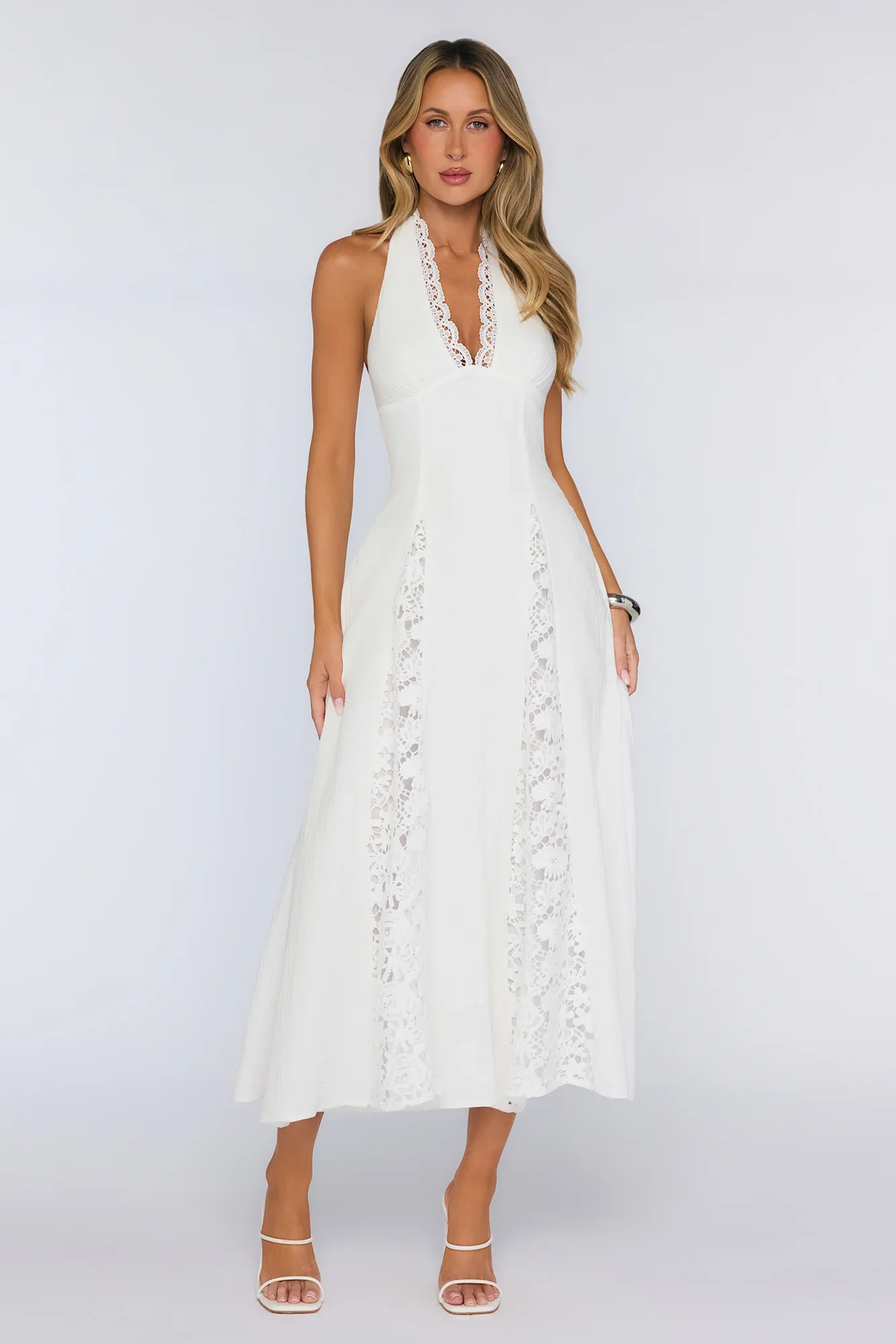 Be The Difference Embroidered Halter Maxi Dress White