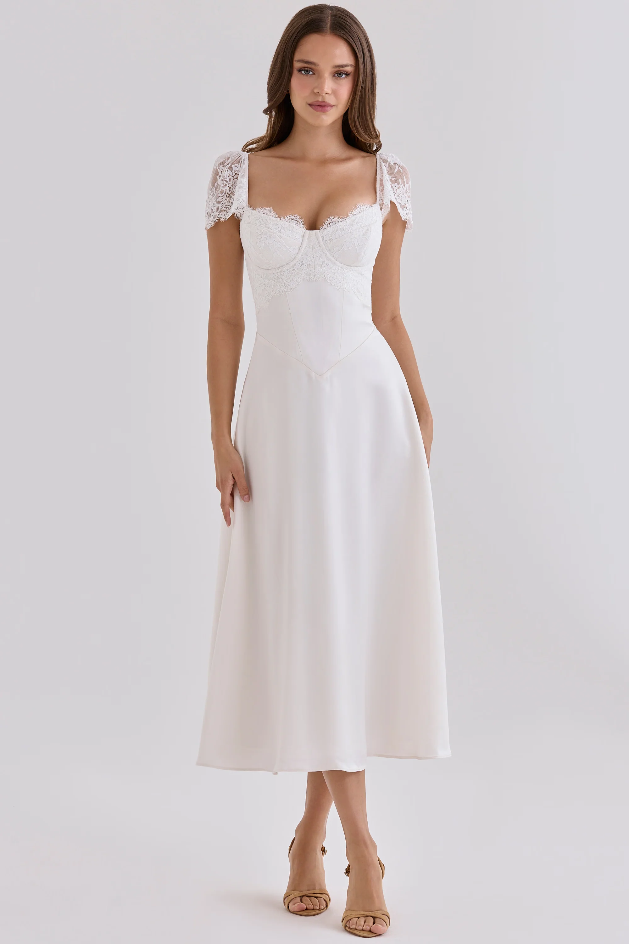 white satin + lace midi dress