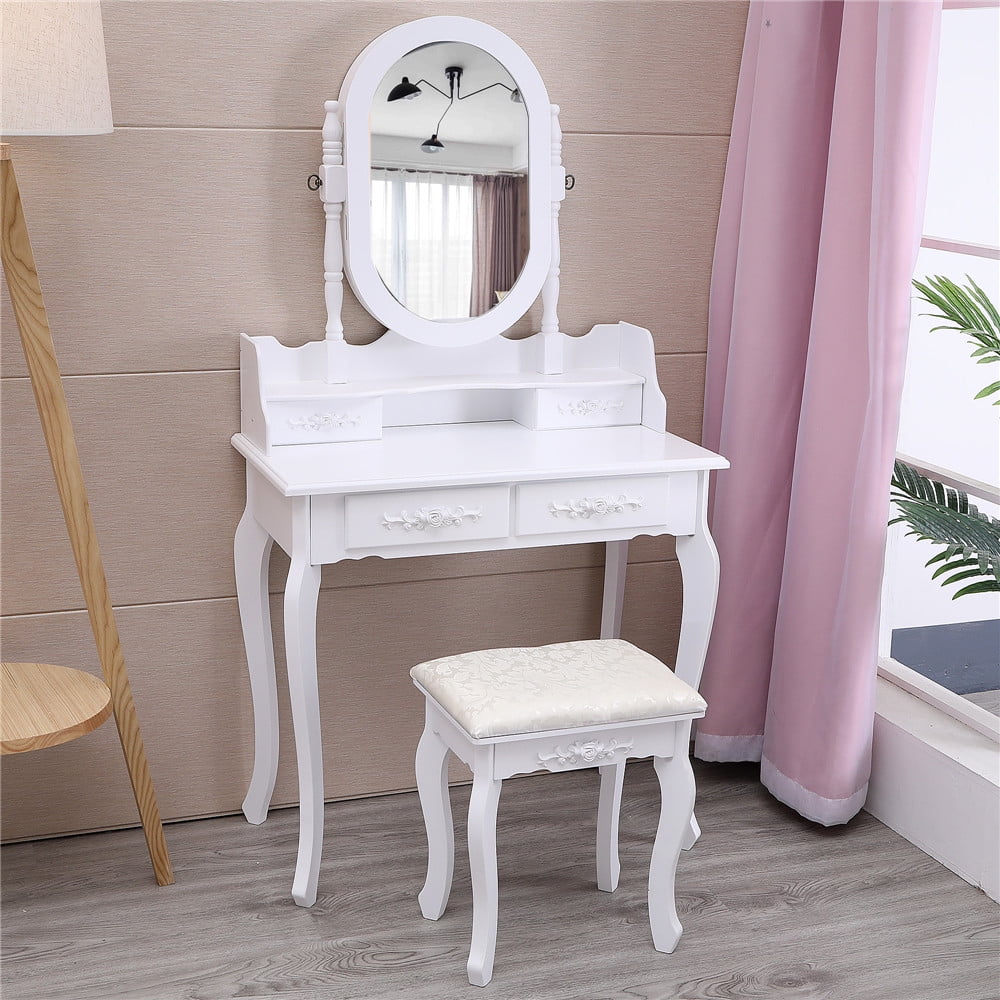 Lowest Prices - Ktaxon Vanity Jewelry Wooden Makeup Dressing Table Set W/Stool Mirror Cabinet &4 Drawer - Amazon
